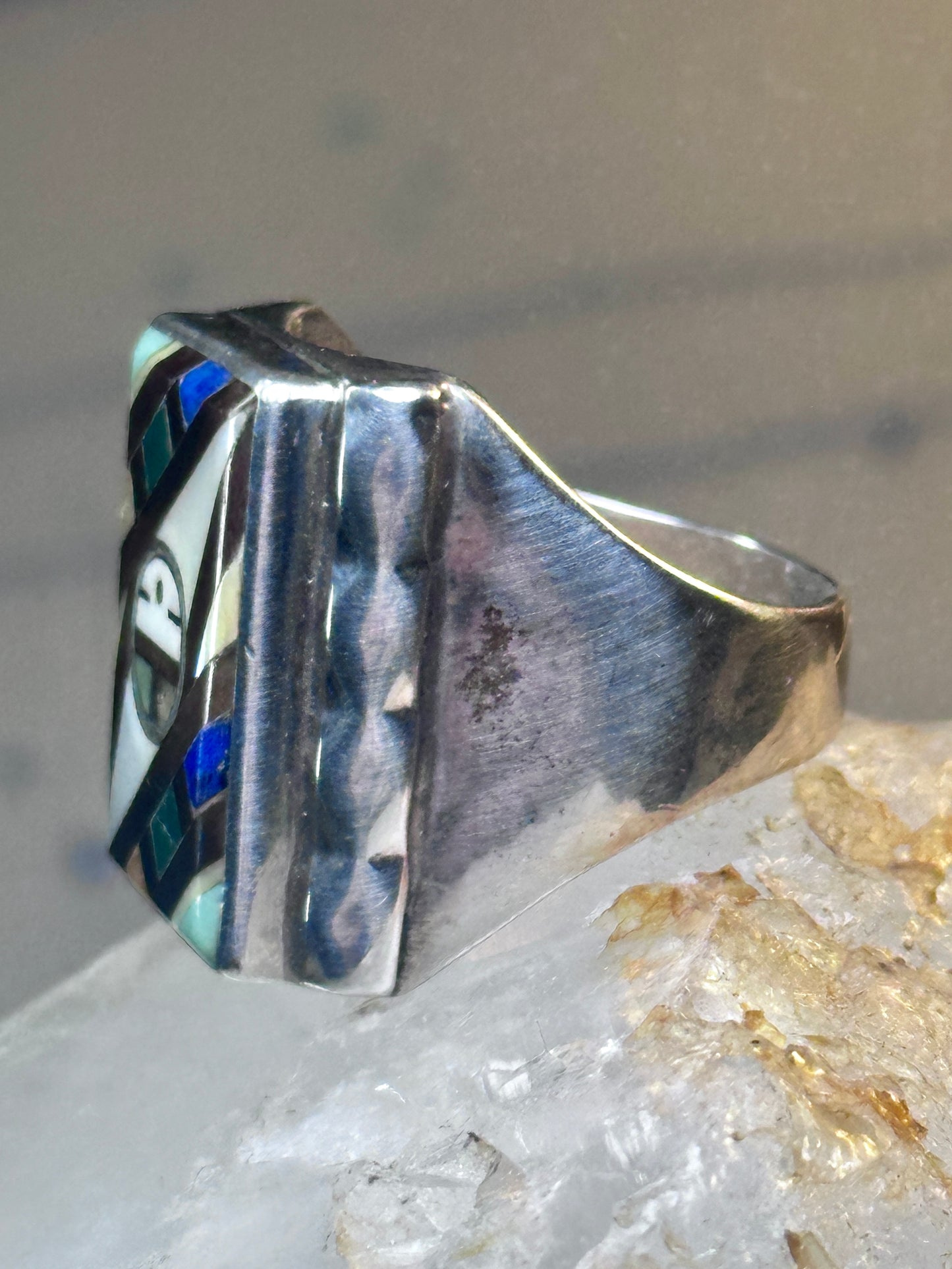 Zuni Ring sun face lapis mother of pearl turquoise size 10.50 sterling silver women men