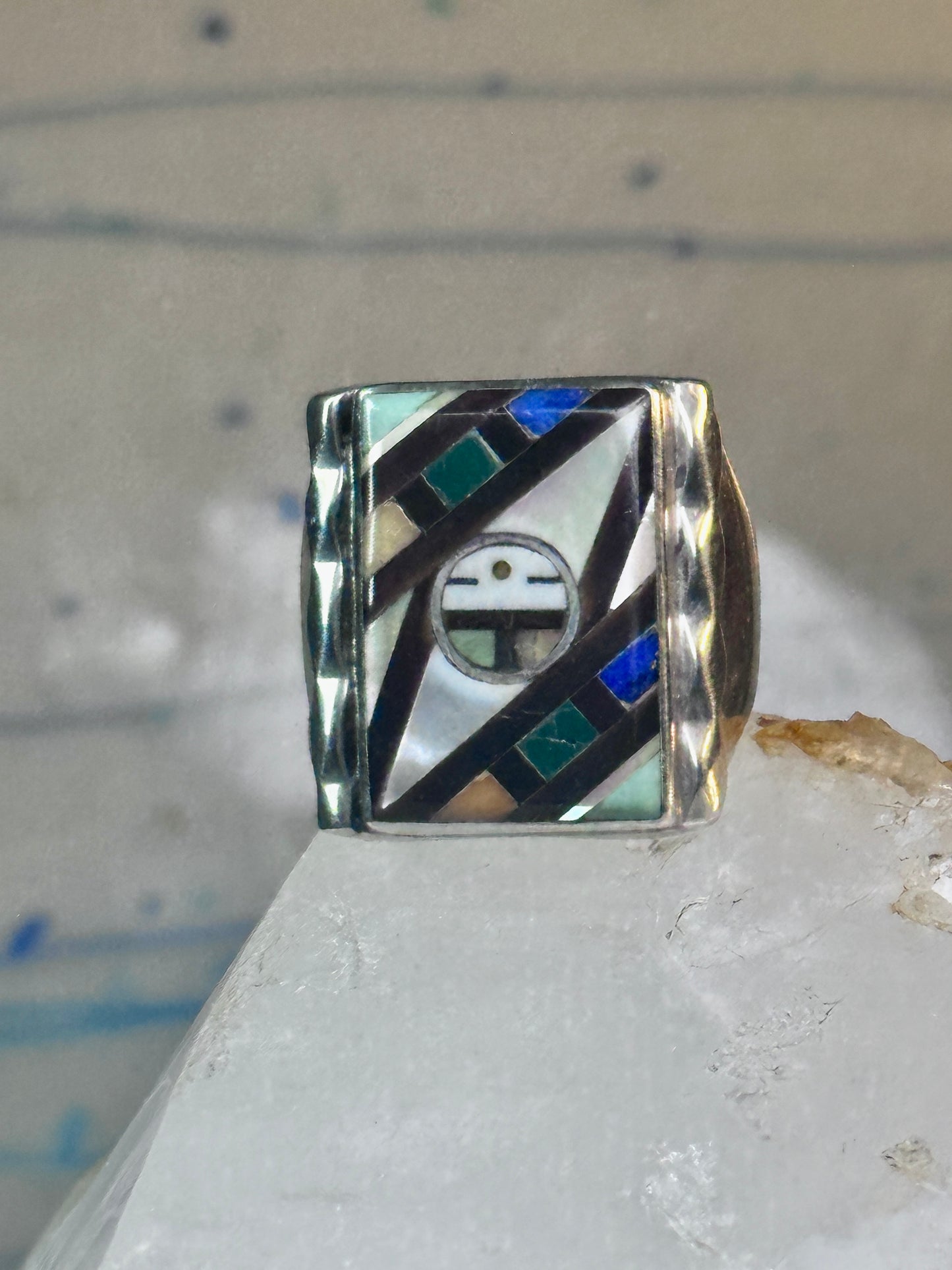 Zuni Ring sun face lapis mother of pearl turquoise size 10.50 sterling silver women men