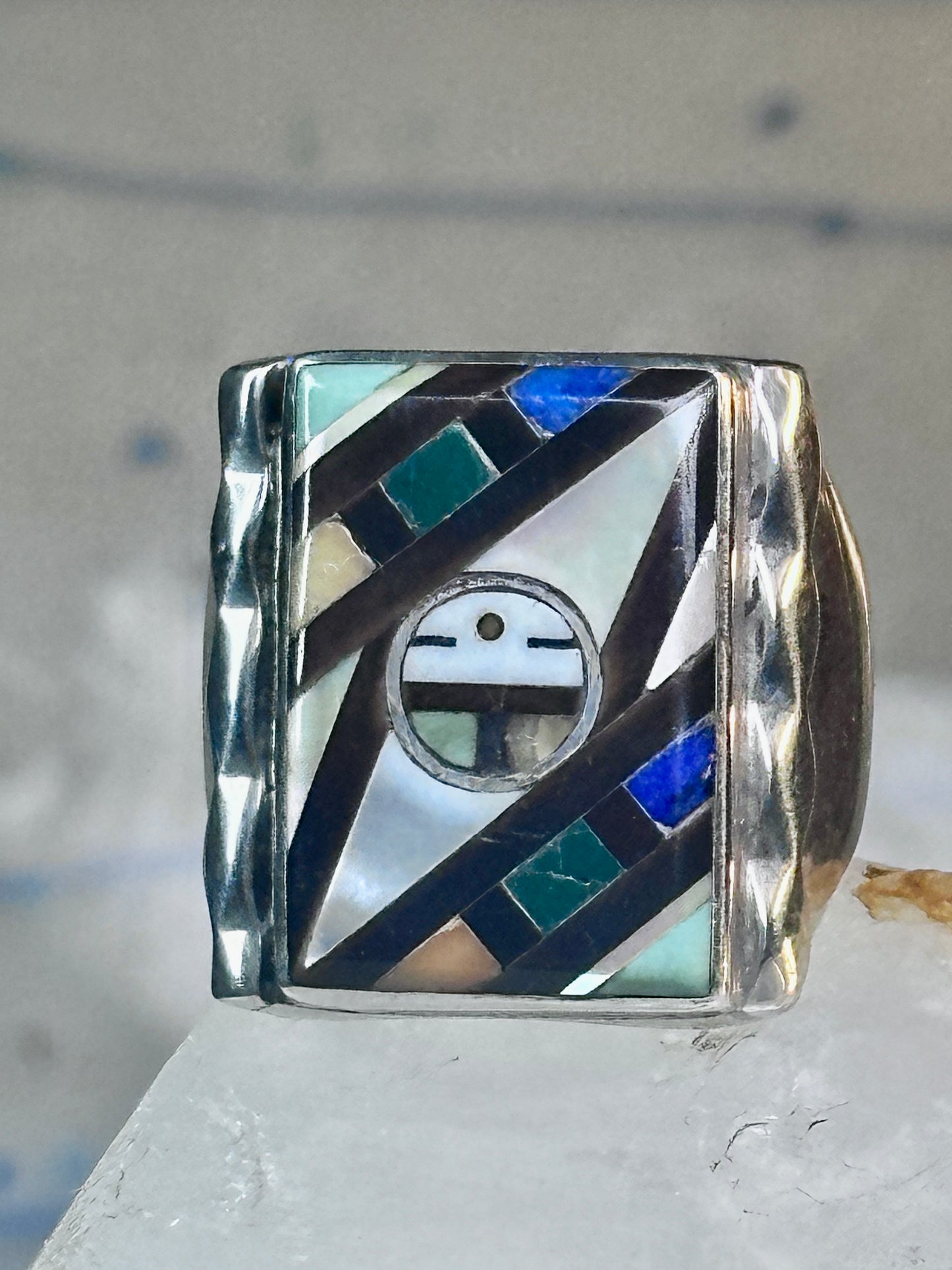 Zuni Ring sun face lapis mother of pearl turquoise size 10.50 sterling silver women men