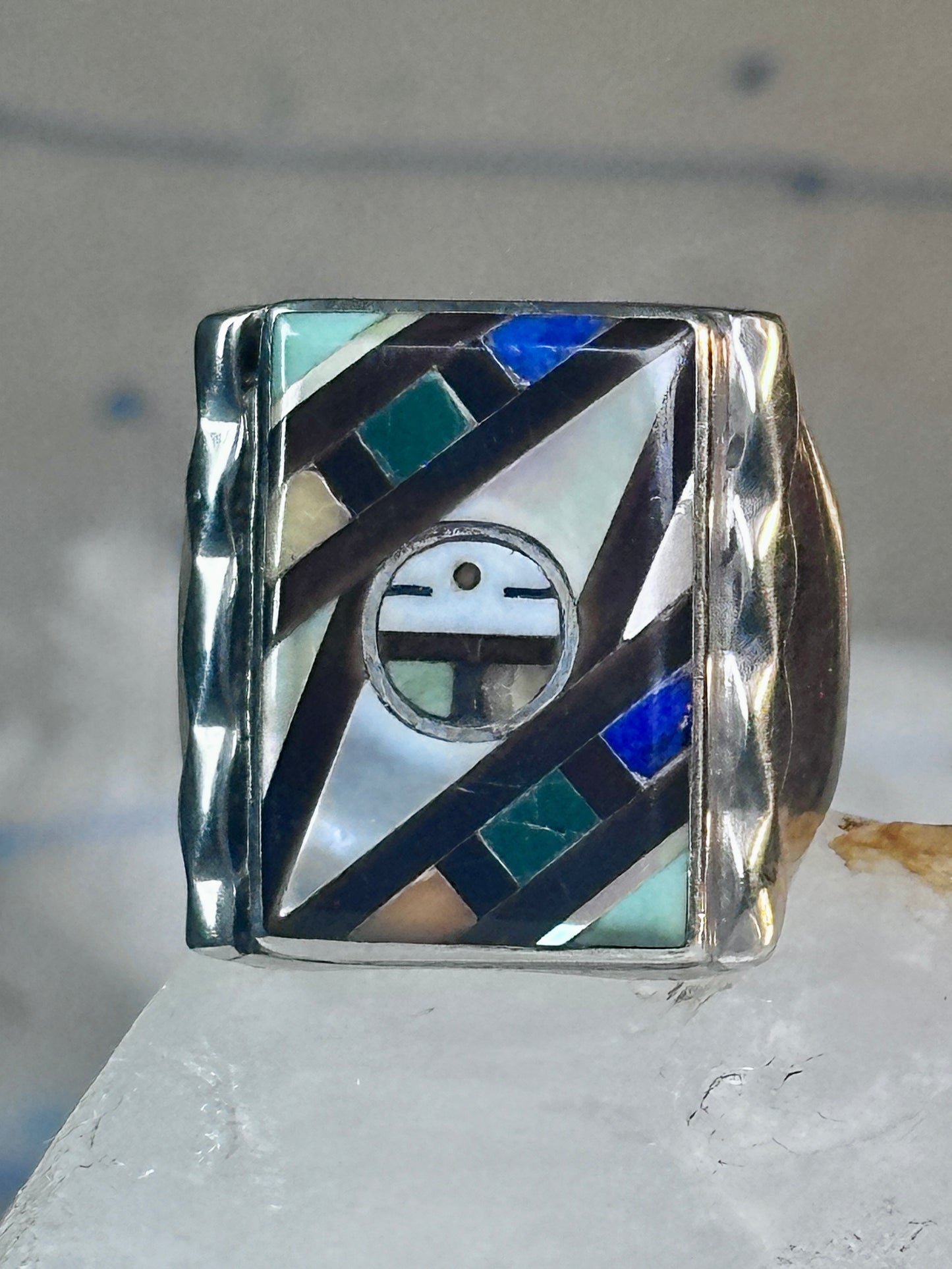 Zuni Ring sun face lapis mother of pearl turquoise size 10.50 sterling silver women men