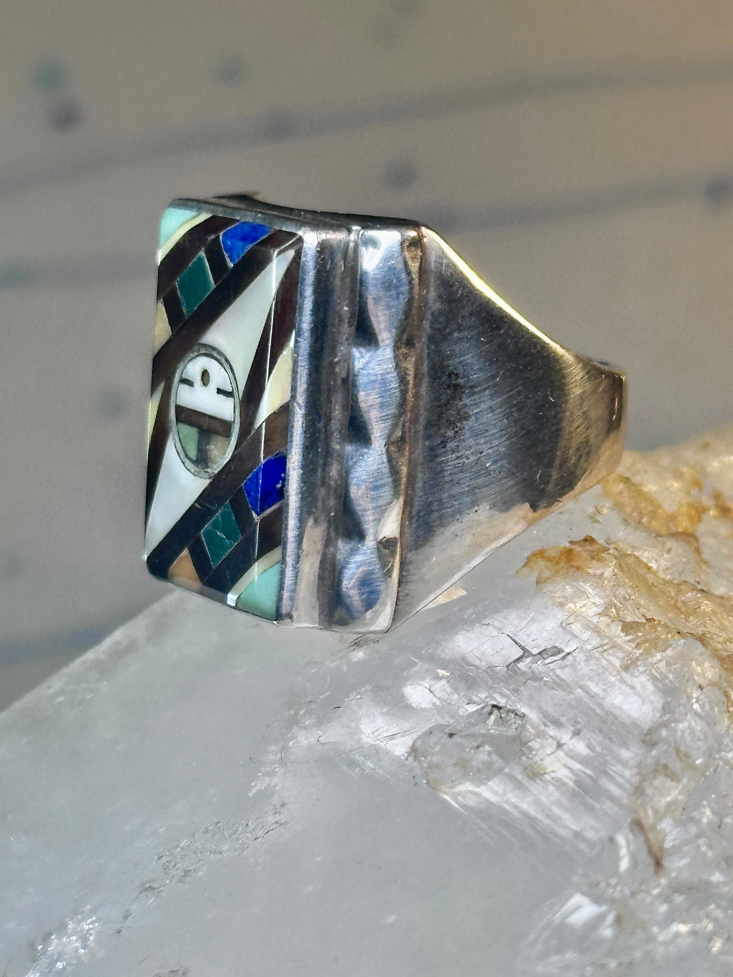 Zuni Ring sun face lapis mother of pearl turquoise size 10.50 sterling silver women men