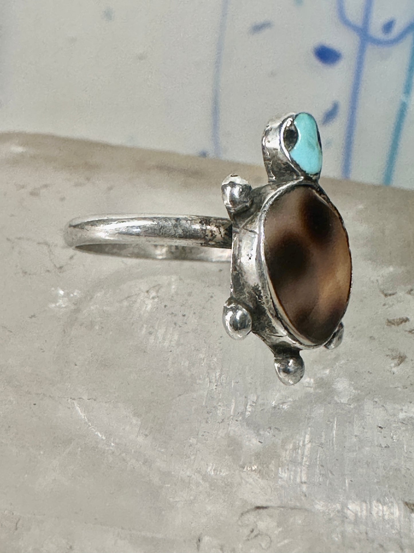 Turtle ring shell turquoise southwest band size 4.25 sterling silver women girls pinky