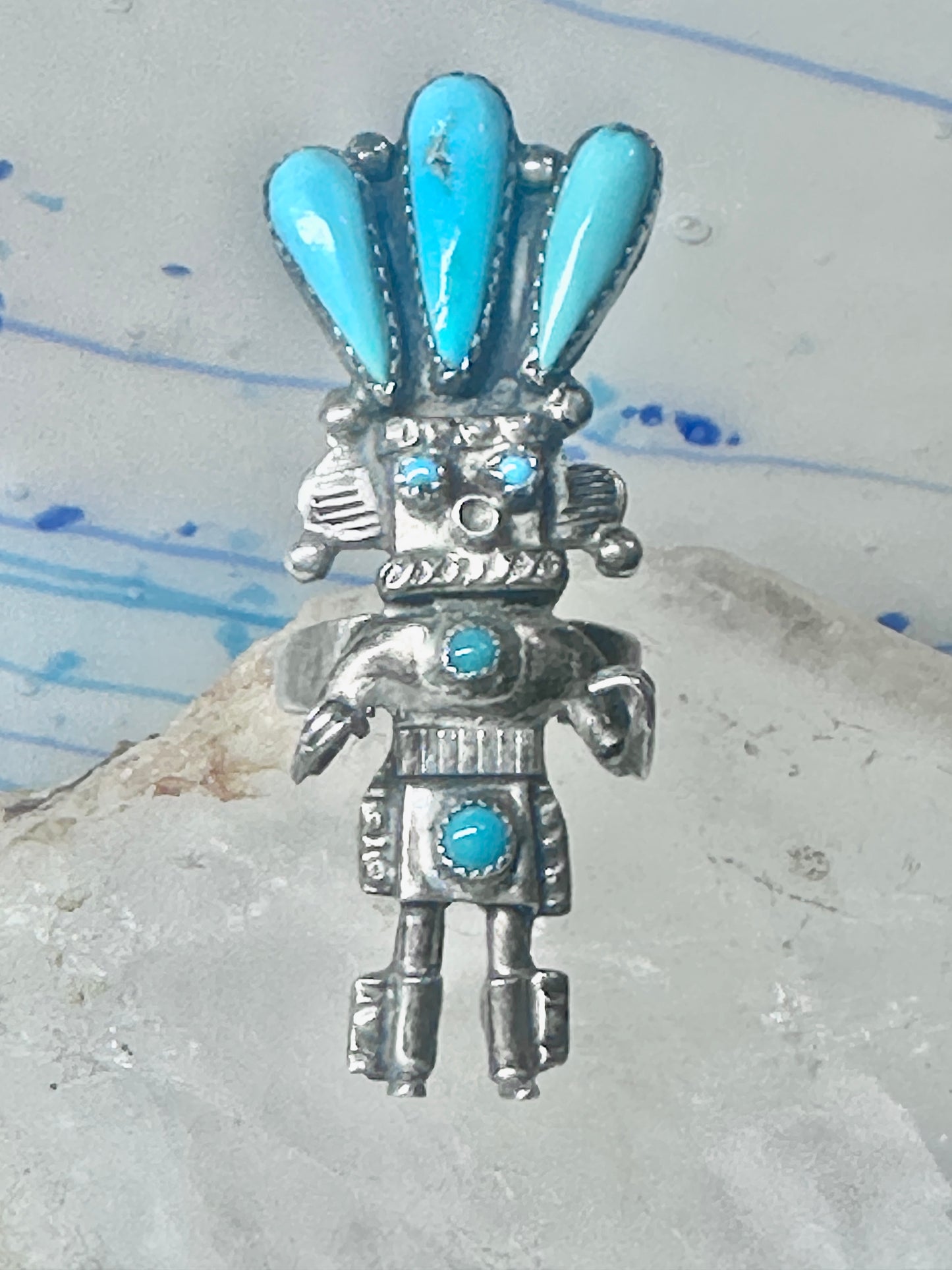 Kachina ring turquoise signed size 6 sterling silver women signed AH