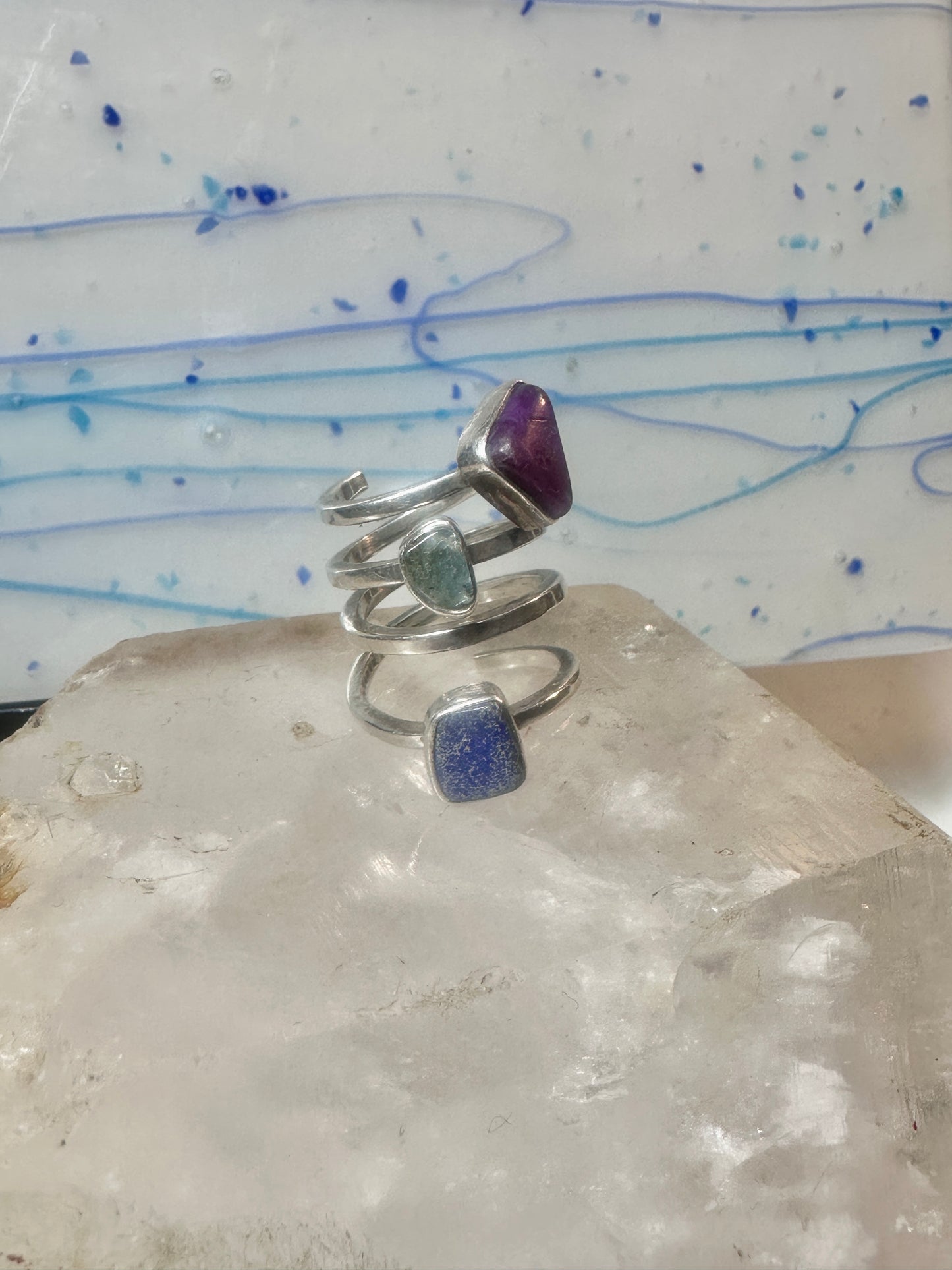 Lilly Barrack ring modernist three gemstone ring Turquoise size 5.5 sterling silver women