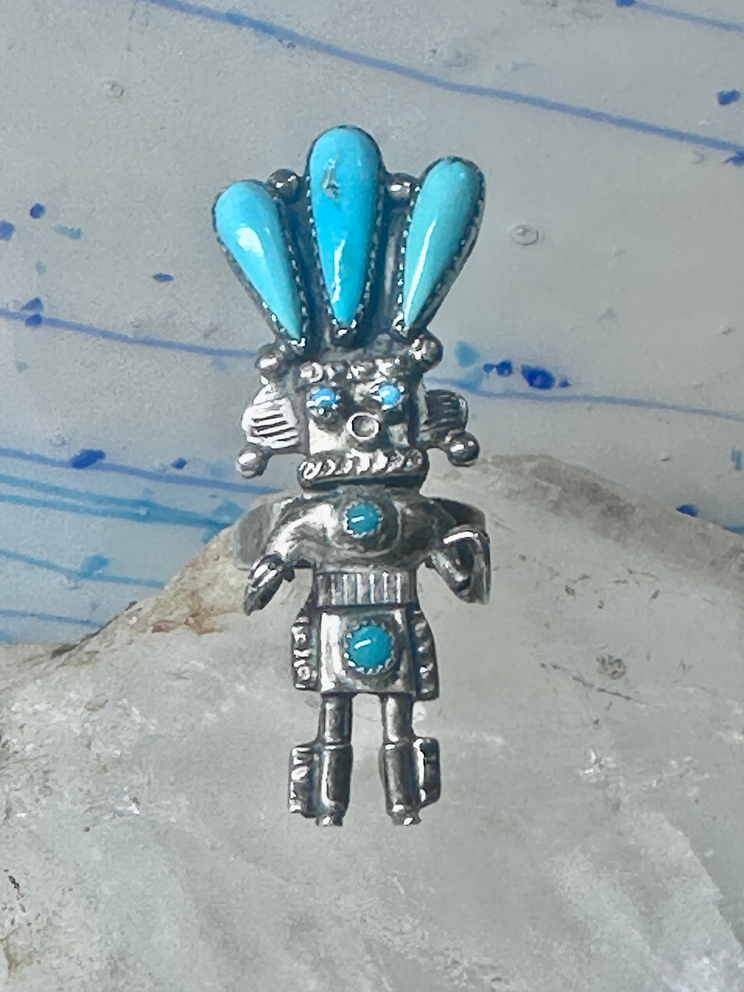 Kachina ring turquoise signed size 6 sterling silver women signed AH