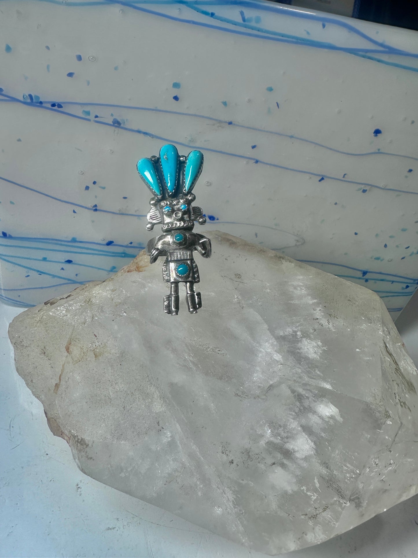Kachina ring turquoise signed size 6 sterling silver women signed AH