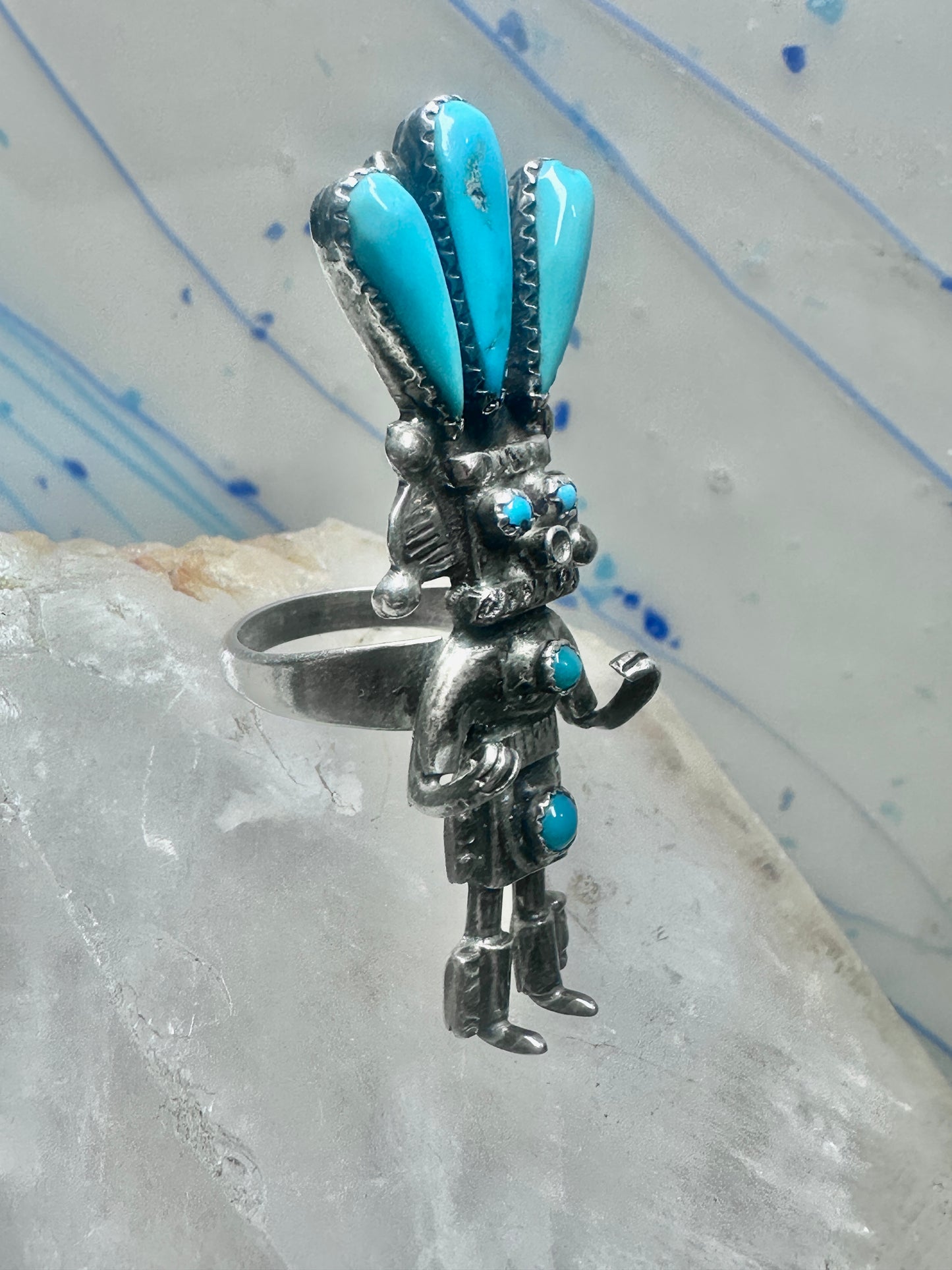 Kachina ring turquoise signed size 6 sterling silver women signed AH