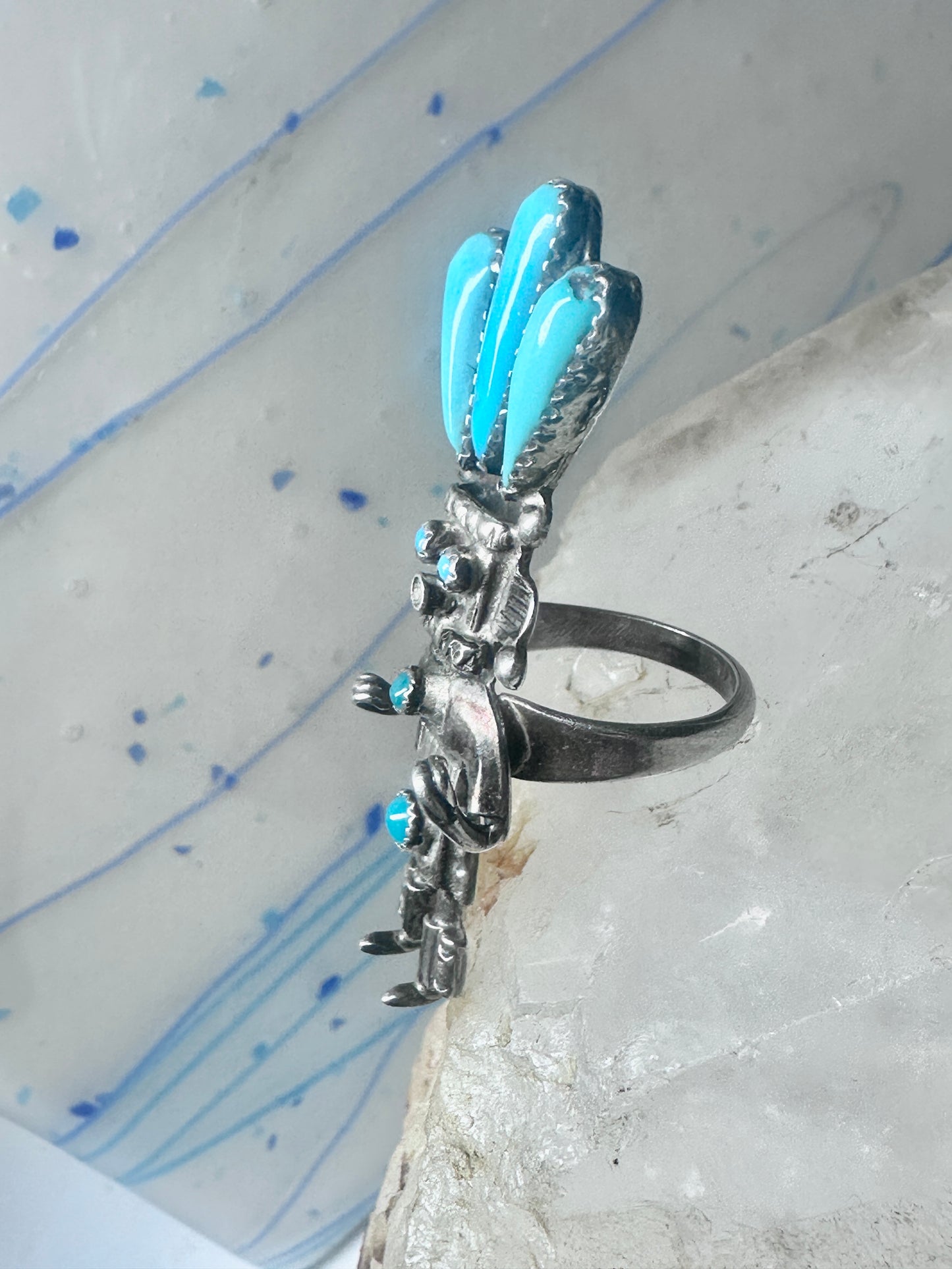 Kachina ring turquoise signed size 6 sterling silver women signed AH