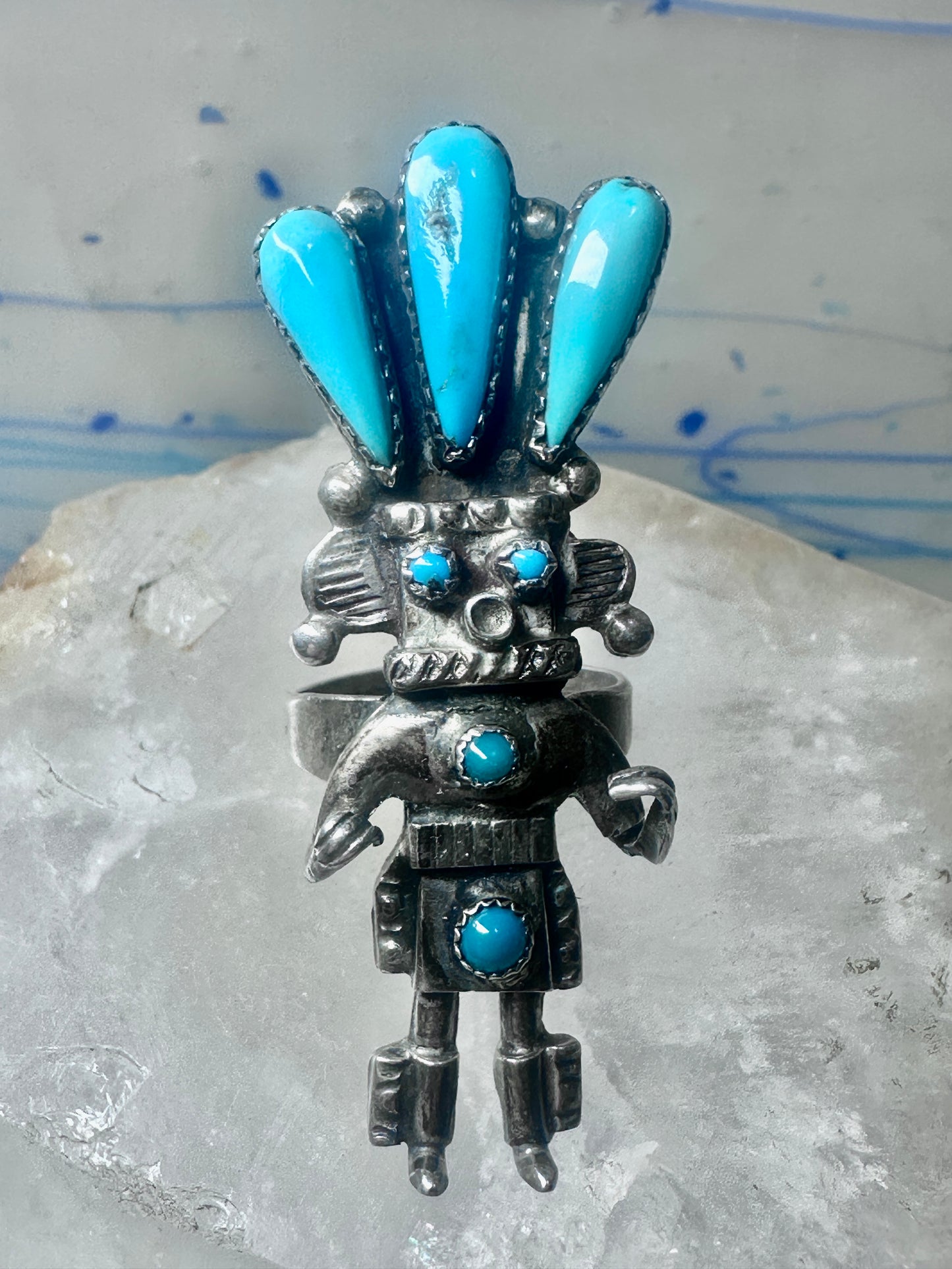 Kachina ring turquoise signed size 6 sterling silver women signed AH