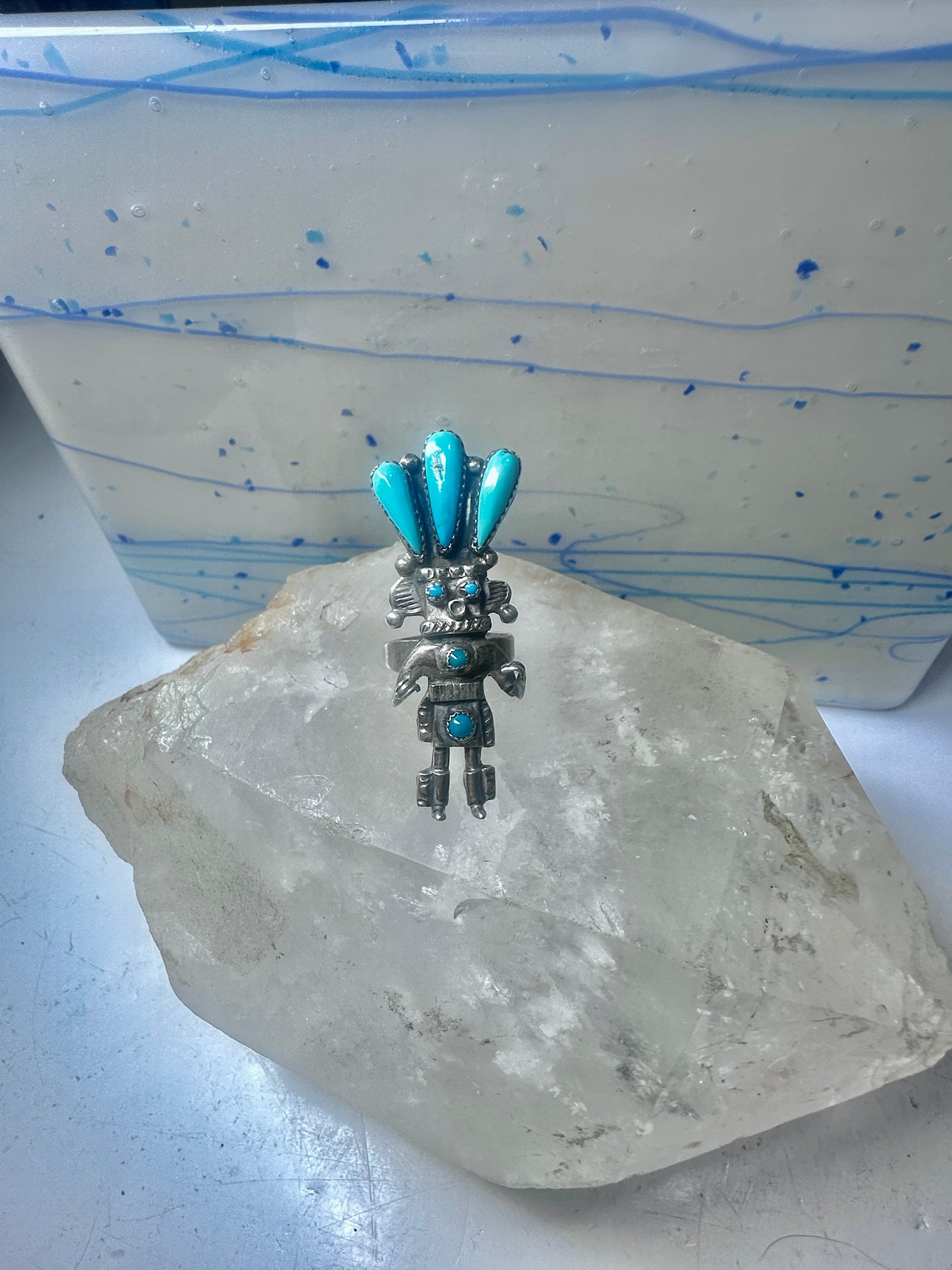 Kachina ring turquoise signed size 6 sterling silver women signed AH