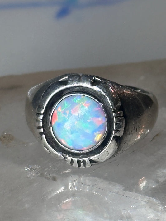 Vintage Navajo Signed B Sterling Silver Round Creation Opal Statement Ring - Size 5.75