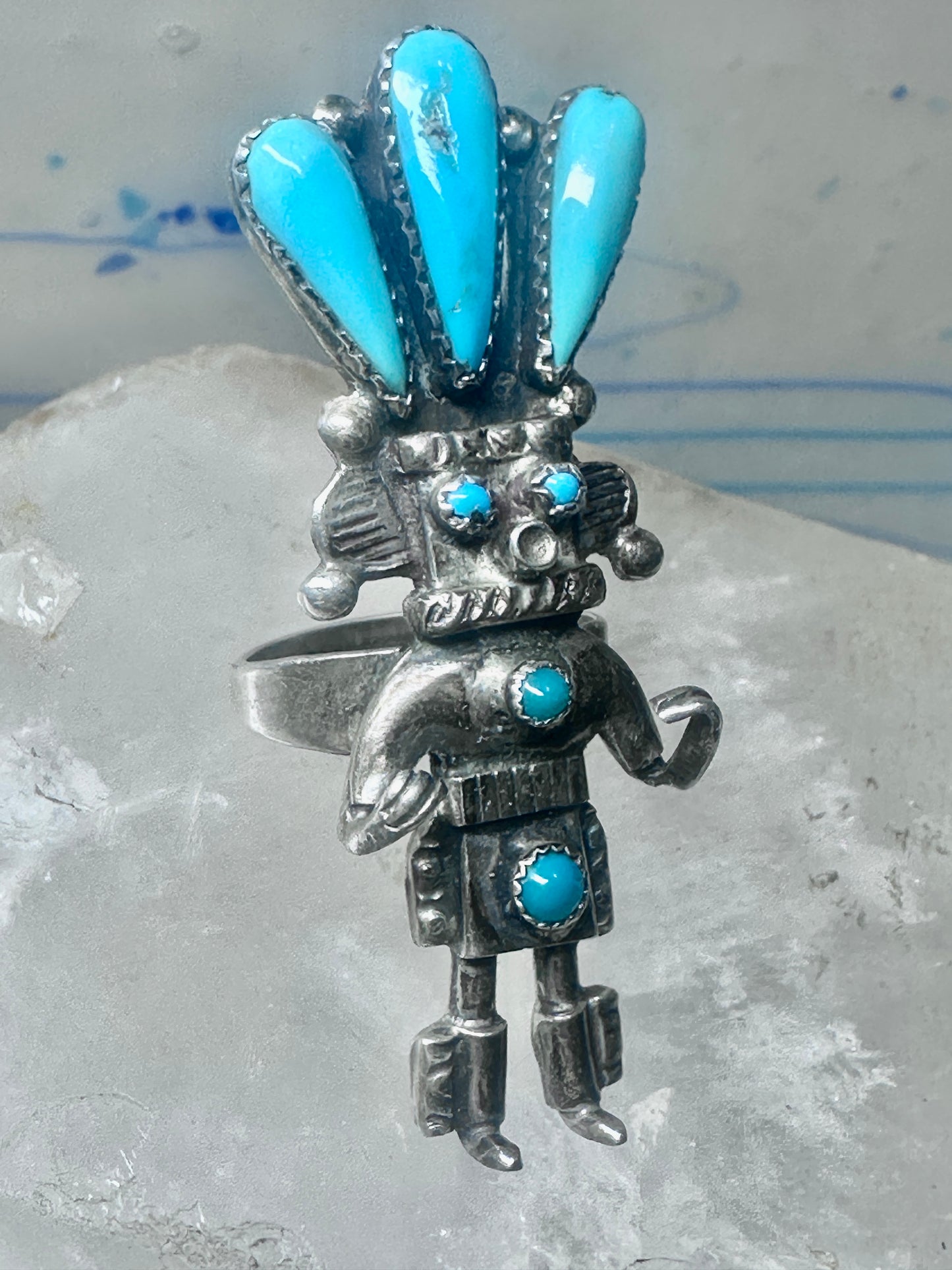 Kachina ring turquoise signed size 6 sterling silver women signed AH