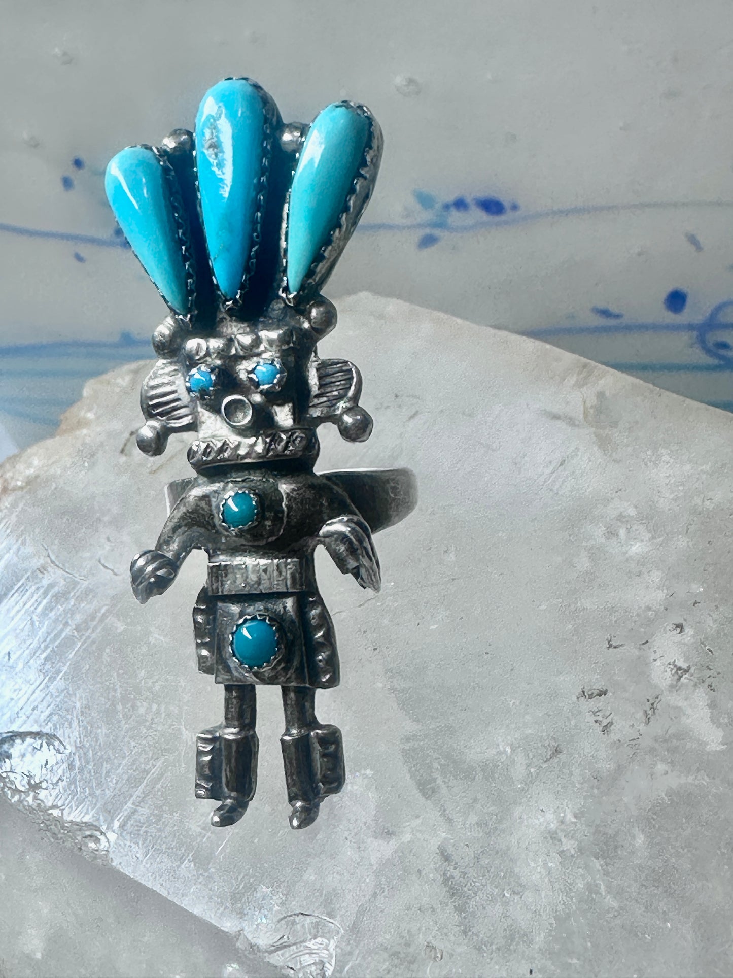Kachina ring turquoise signed size 6 sterling silver women signed AH
