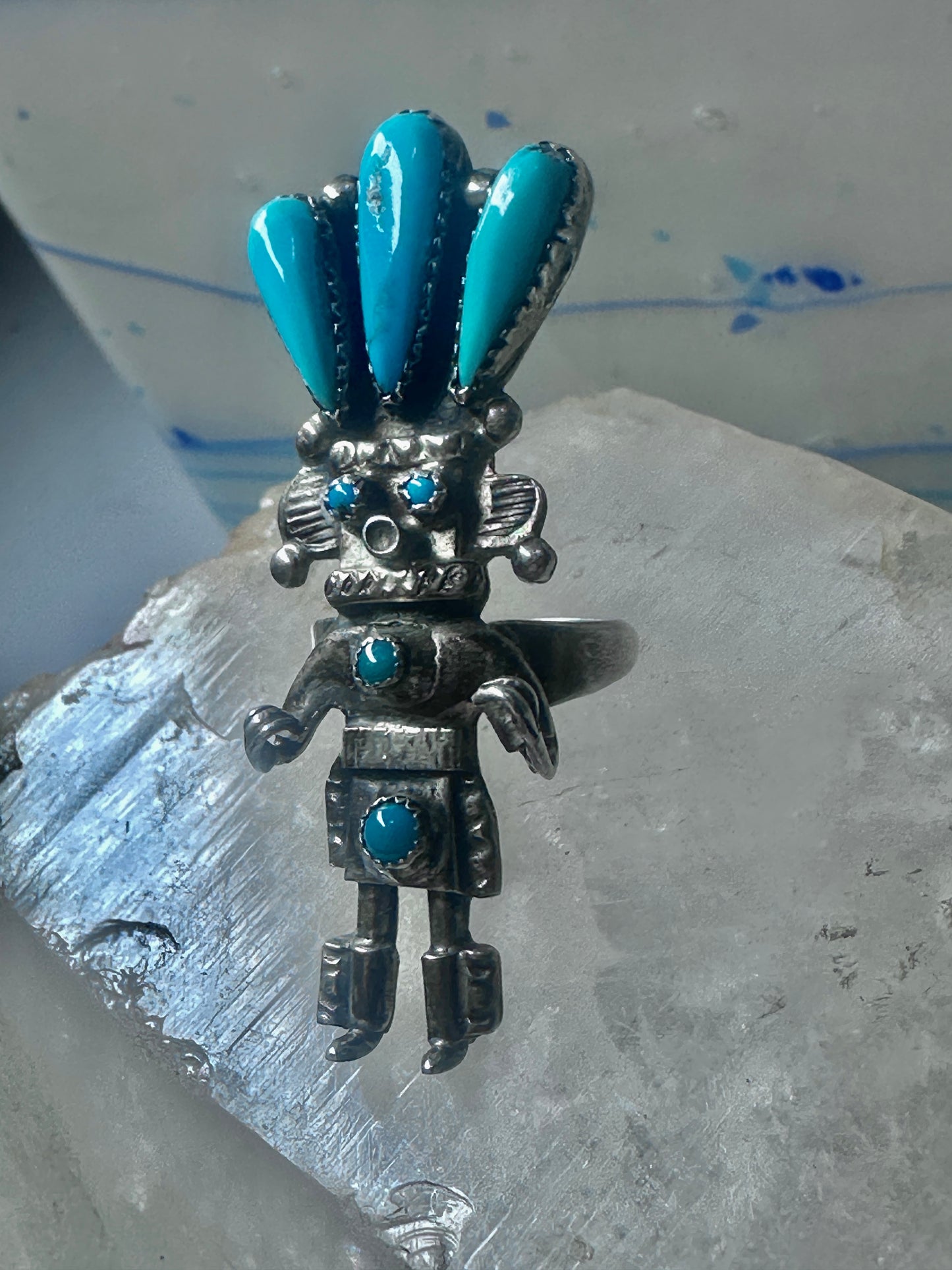 Kachina ring turquoise signed size 6 sterling silver women signed AH