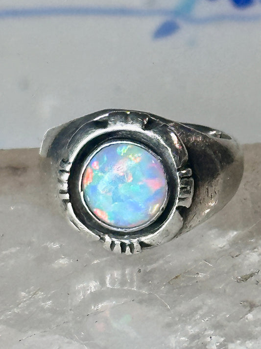 Vintage Navajo Signed B Sterling Silver Round Creation Opal Statement Ring - Size 5.75
