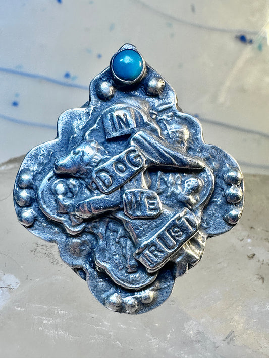 Dog ring "In Dog We Trust" band "Guard and Protect Me" text size 6.75 sterling silver wome