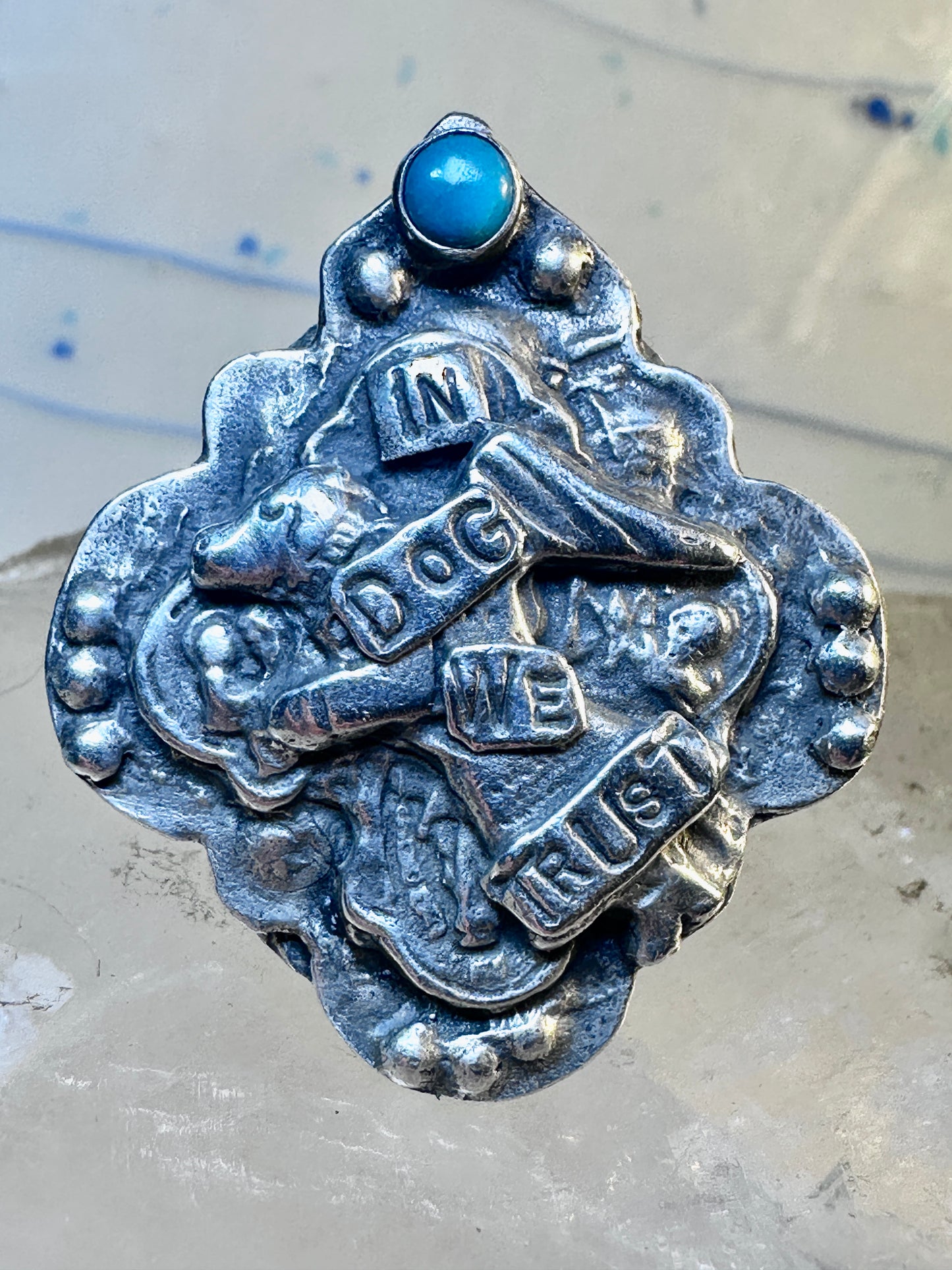 Dog ring "In Dog We Trust" band "Guard and Protect Me" text size 6.75 sterling silver wome