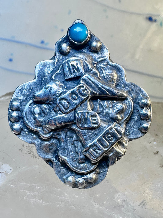 Dog ring "In Dog We Trust" band "Guard and Protect Me" text size 6.75 sterling silver wome