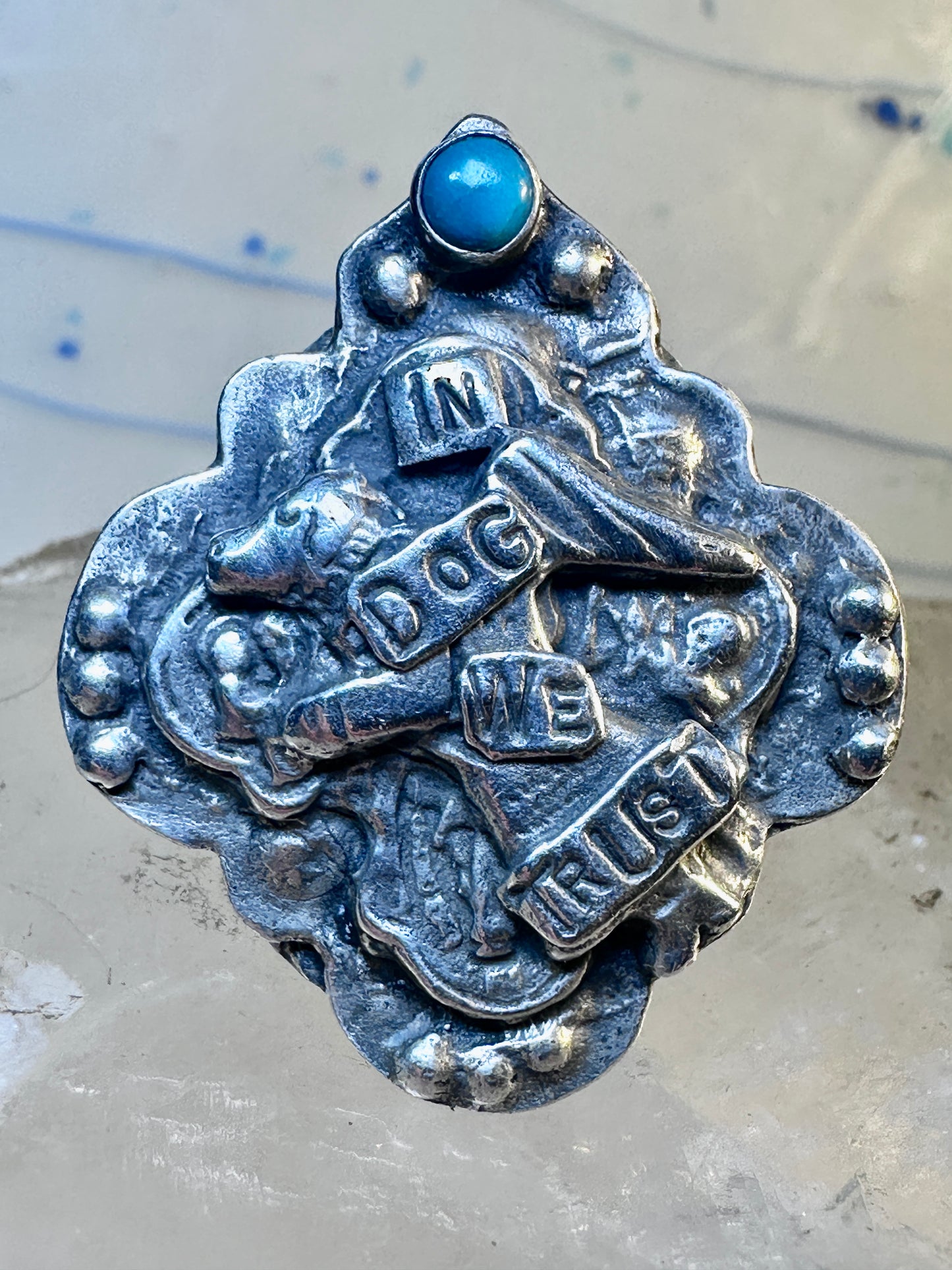 Dog ring "In Dog We Trust" band "Guard and Protect Me" text size 6.75 sterling silver wome