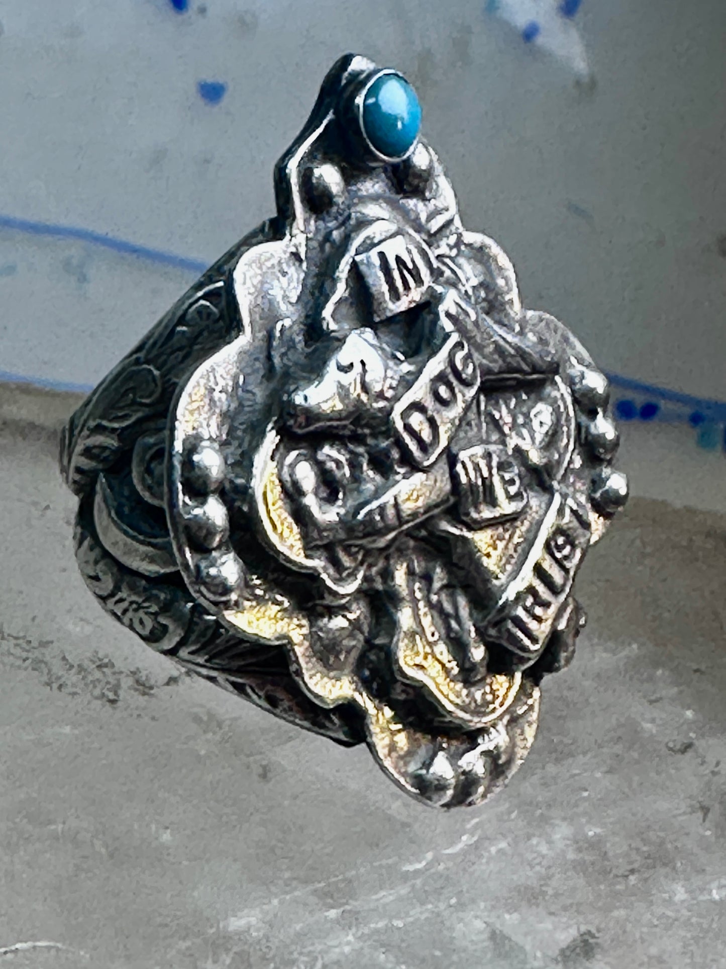 Dog ring "In Dog We Trust" band "Guard and Protect Me" text size 6.75 sterling silver wome