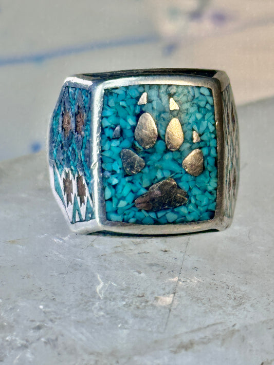 Bear Paw ring coral chips turquoise size 10.75 sterling silver women men