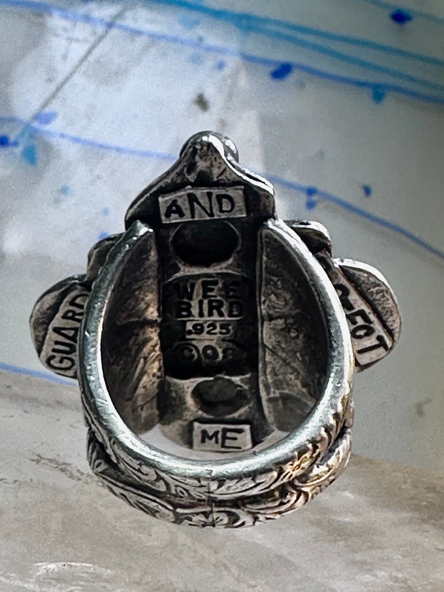 Dog ring "In Dog We Trust" band "Guard and Protect Me" text size 6.75 sterling silver wome