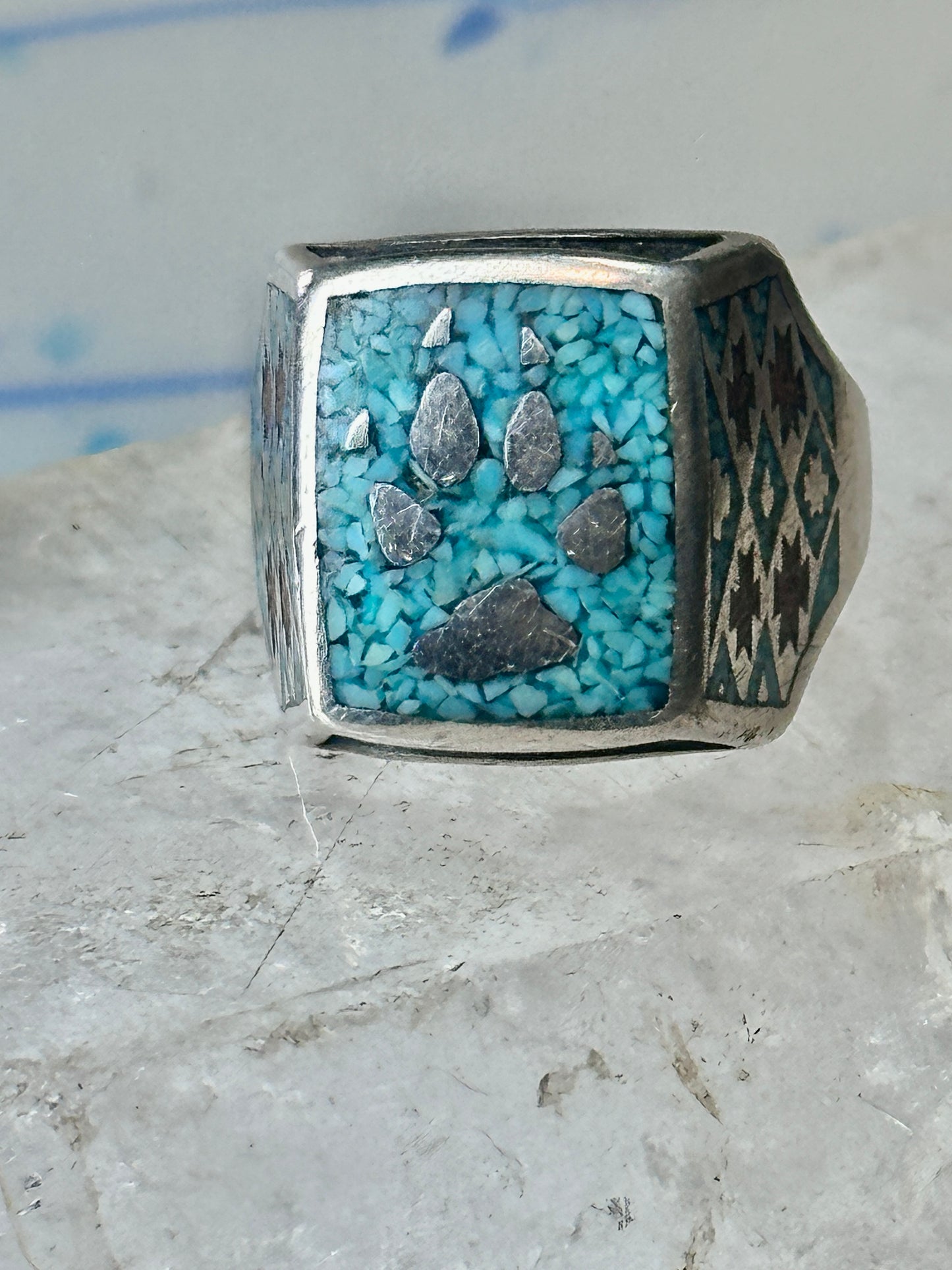 Bear Paw ring coral chips turquoise size 10.75 sterling silver women men