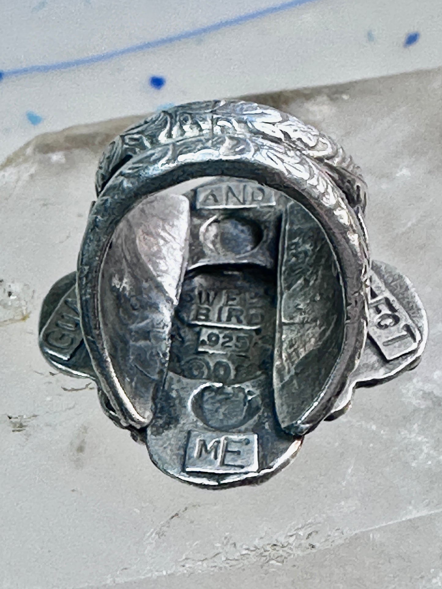 Dog ring "In Dog We Trust" band "Guard and Protect Me" text size 6.75 sterling silver wome