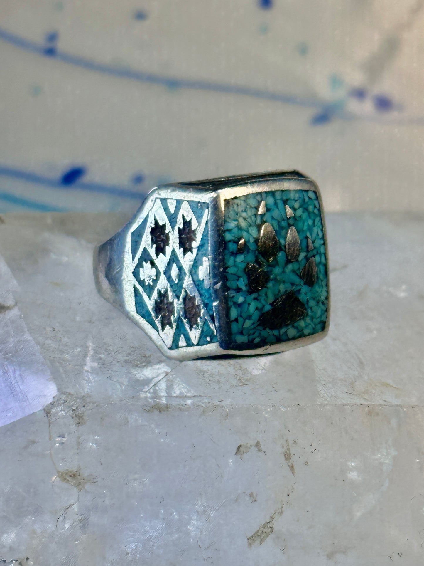 Bear Paw ring coral chips turquoise size 10.75 sterling silver women men
