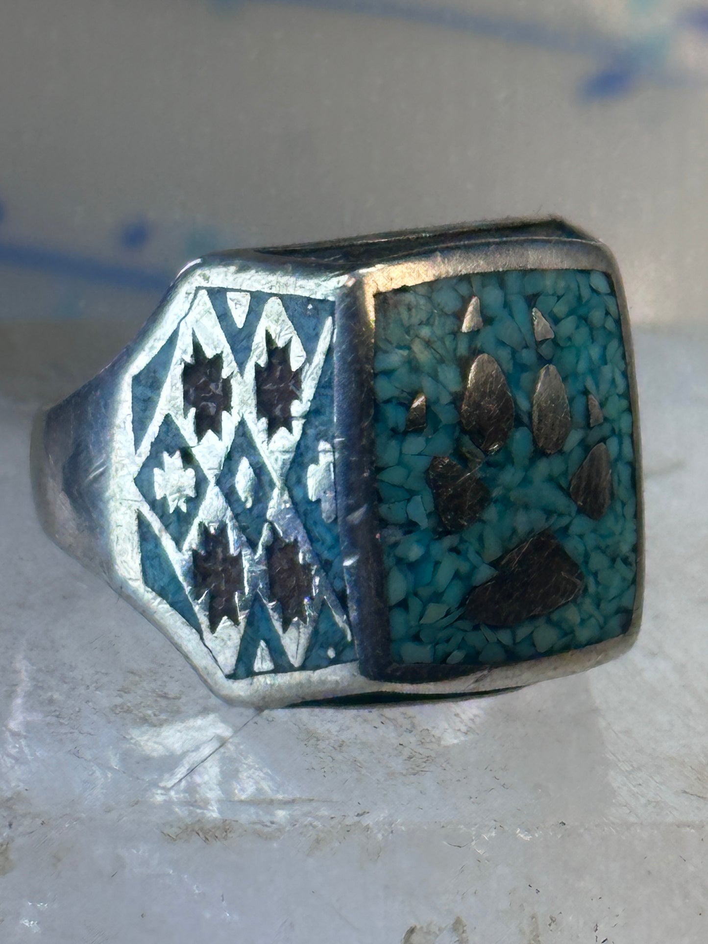 Bear Paw ring coral chips turquoise size 10.75 sterling silver women men
