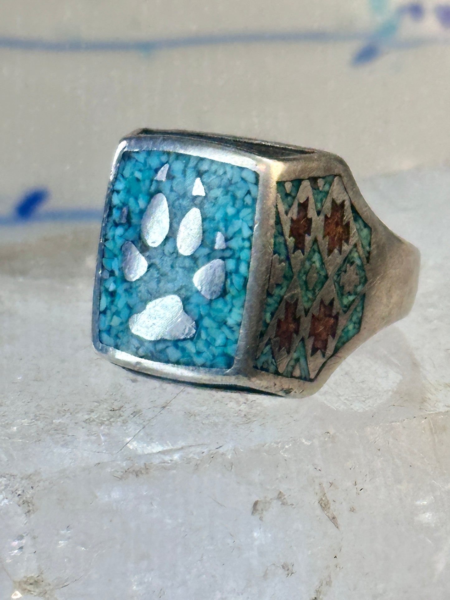 Bear Paw ring coral chips turquoise size 10.75 sterling silver women men