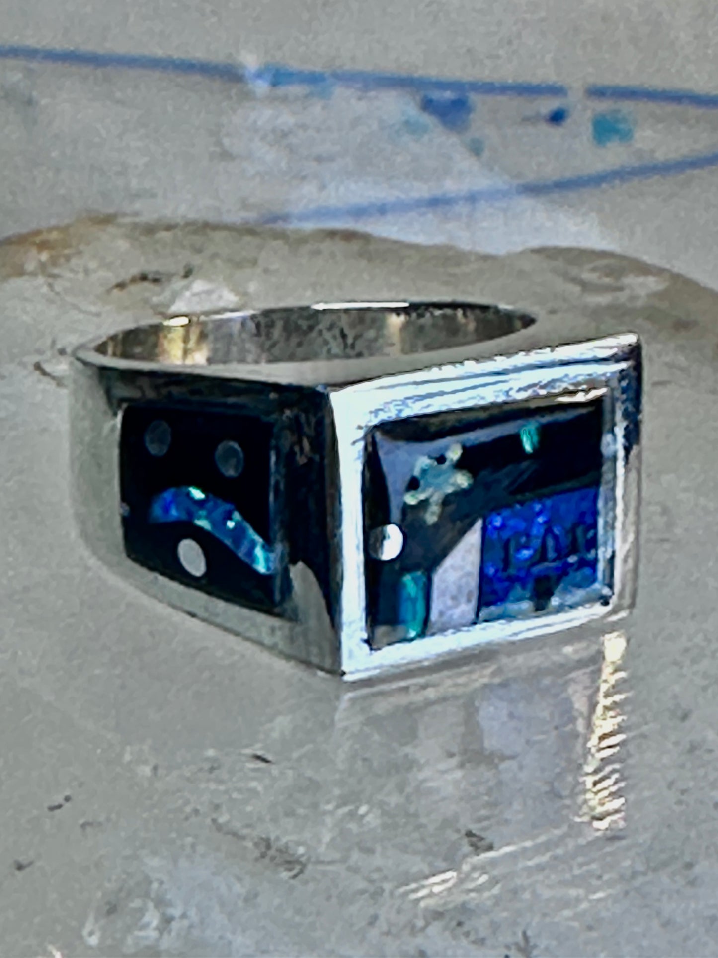 Navajo ring K Nez Storyteller Shooting Stars Village lapis opal size 7.75 sterling silver