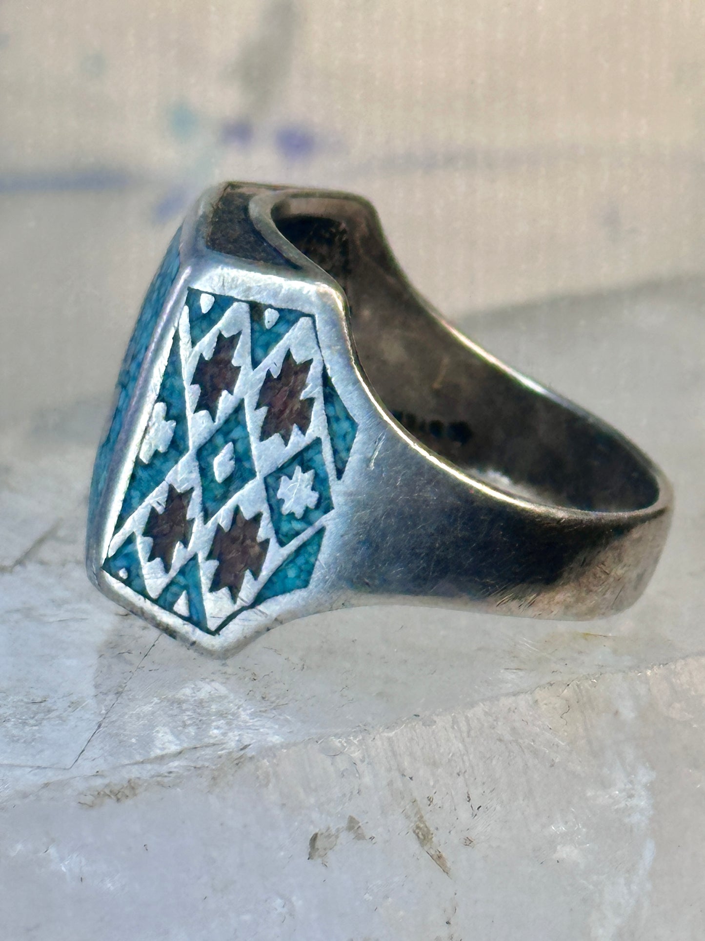 Bear Paw ring coral chips turquoise size 10.75 sterling silver women men