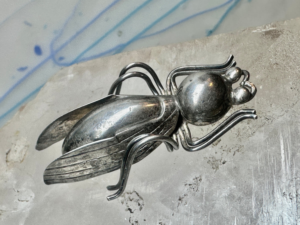 Vintage Taxco Sterling Silver Beetle Pin Mexican Insect Brooch 1 3/4" 6.5g 925