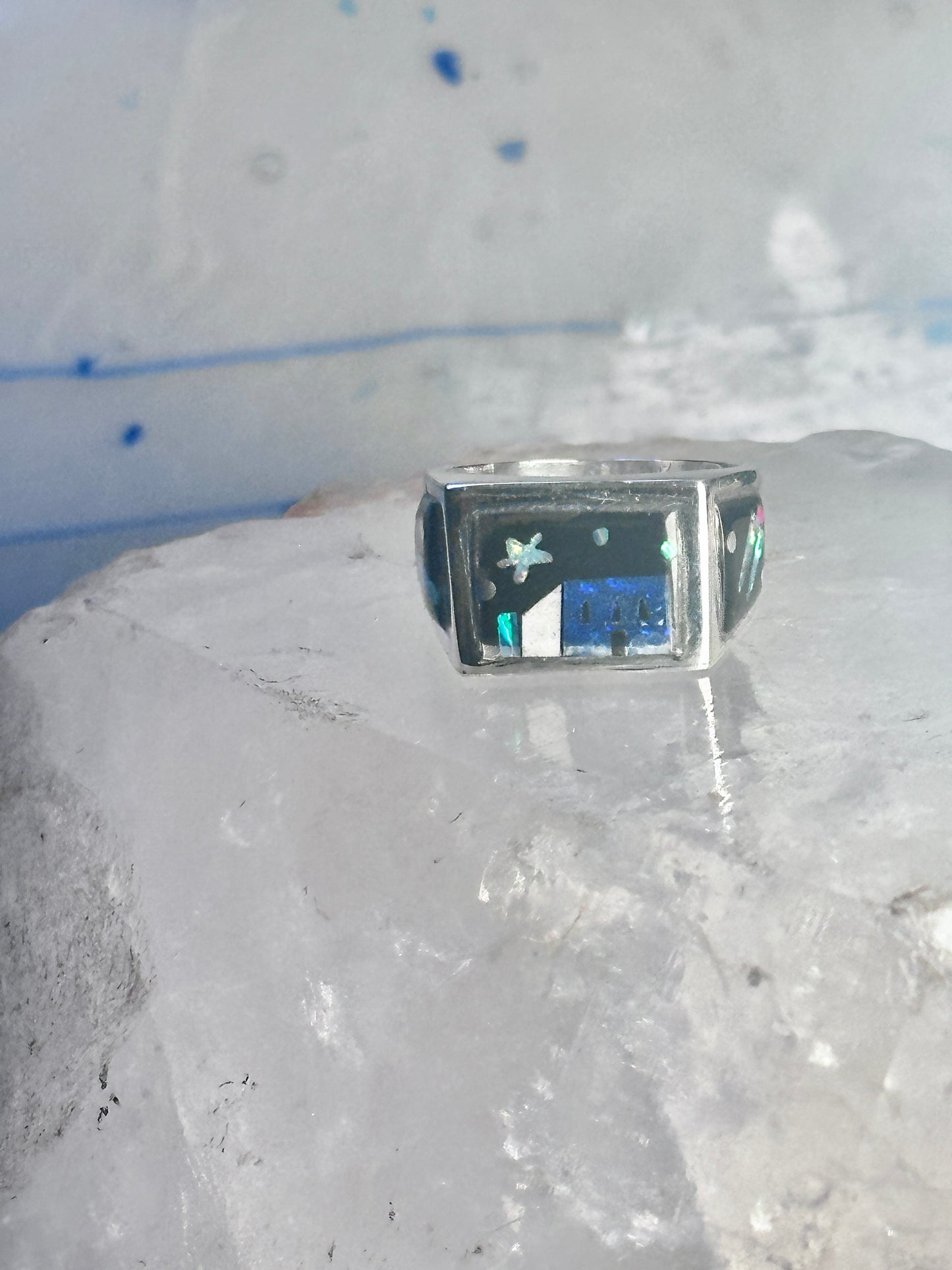 Navajo ring K Nez Storyteller Shooting Stars Village lapis opal size 7.75 sterling silver