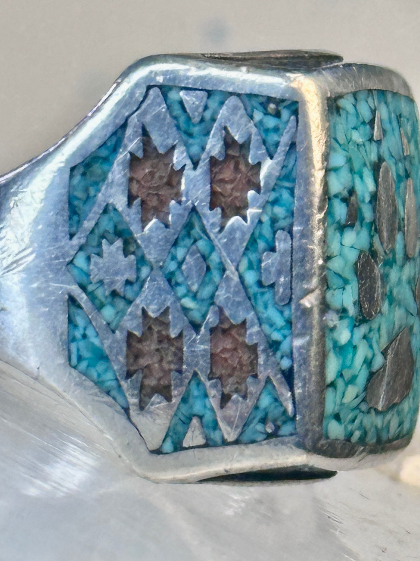 Bear Paw ring coral chips turquoise size 10.75 sterling silver women men