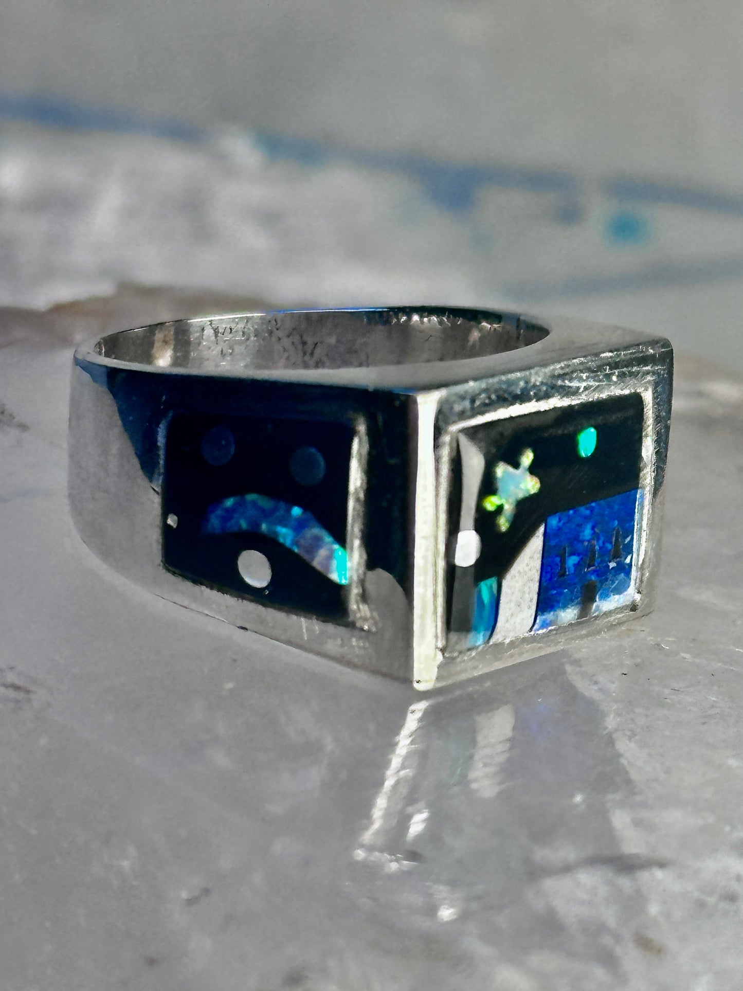 Navajo ring K Nez Storyteller Shooting Stars Village lapis opal size 7.75 sterling silver