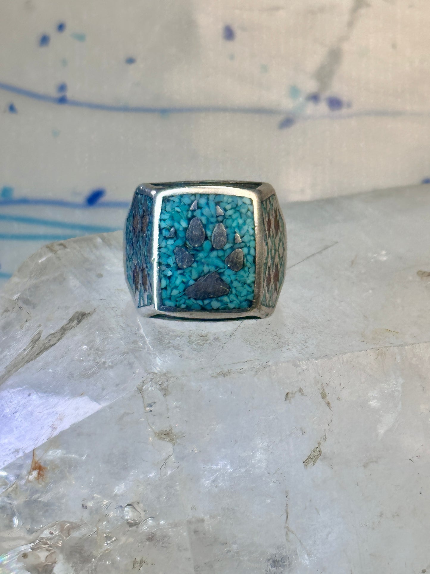 Bear Paw ring coral chips turquoise size 10.75 sterling silver women men