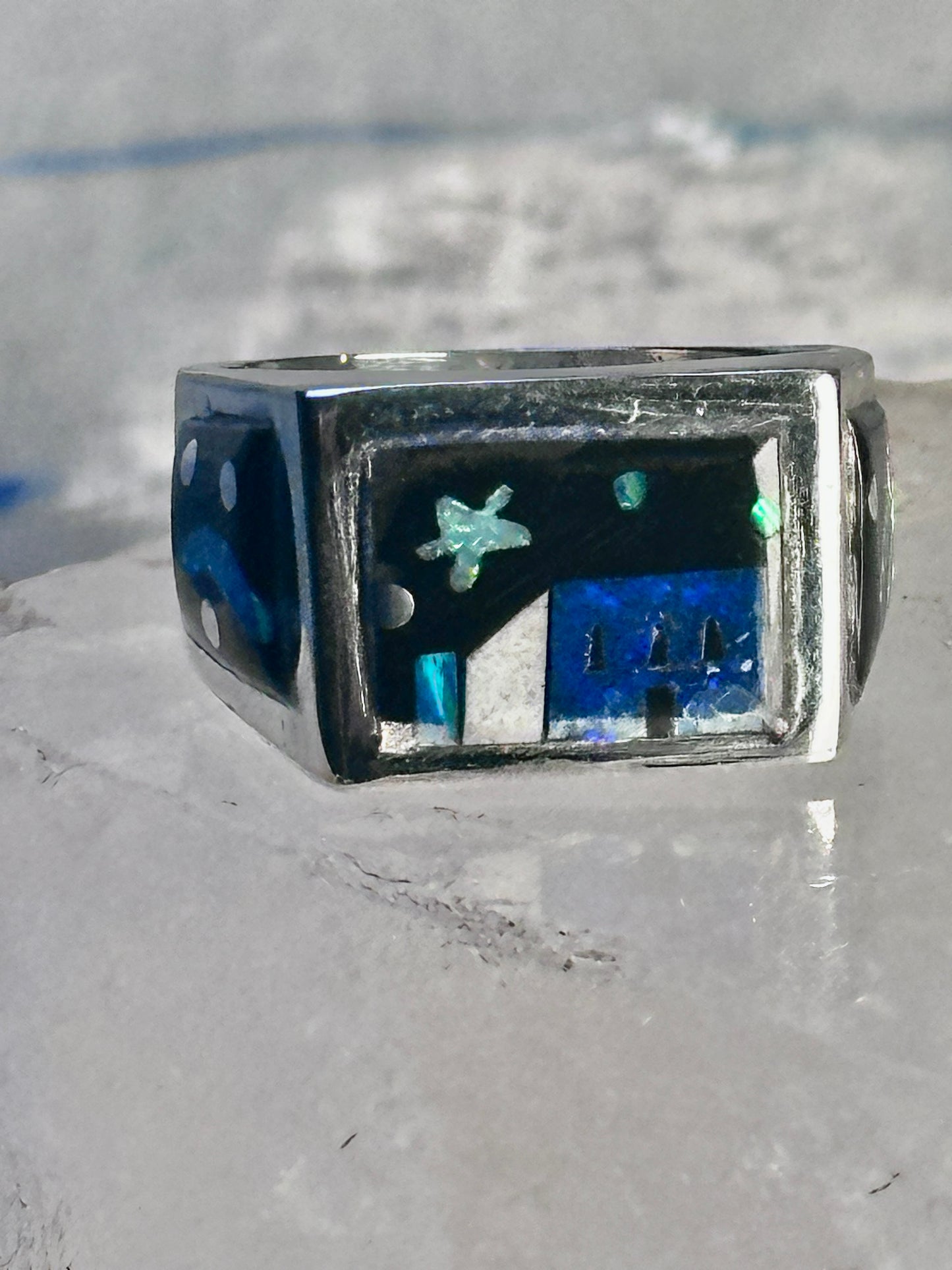 Navajo ring K Nez Storyteller Shooting Stars Village lapis opal size 7.75 sterling silver