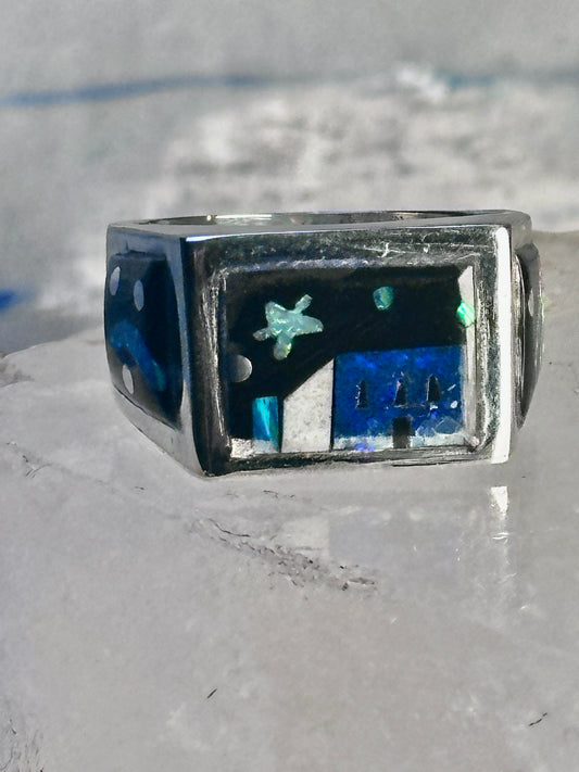 Navajo ring K Nez Storyteller Shooting Stars Village lapis opal size 7.75 sterling silver