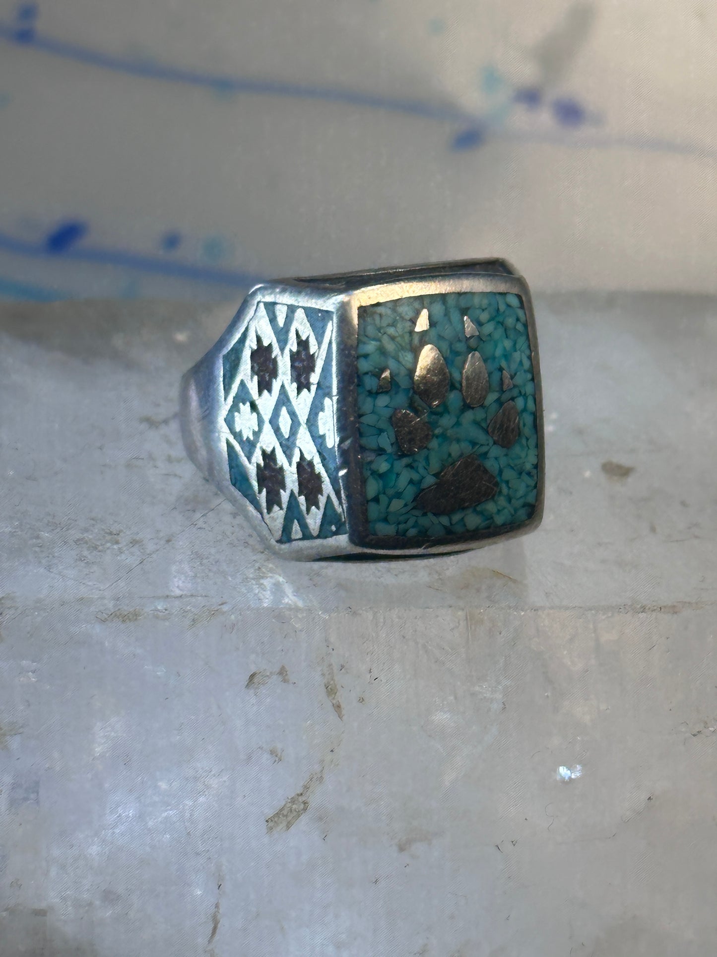 Bear Paw ring coral chips turquoise size 10.75 sterling silver women men
