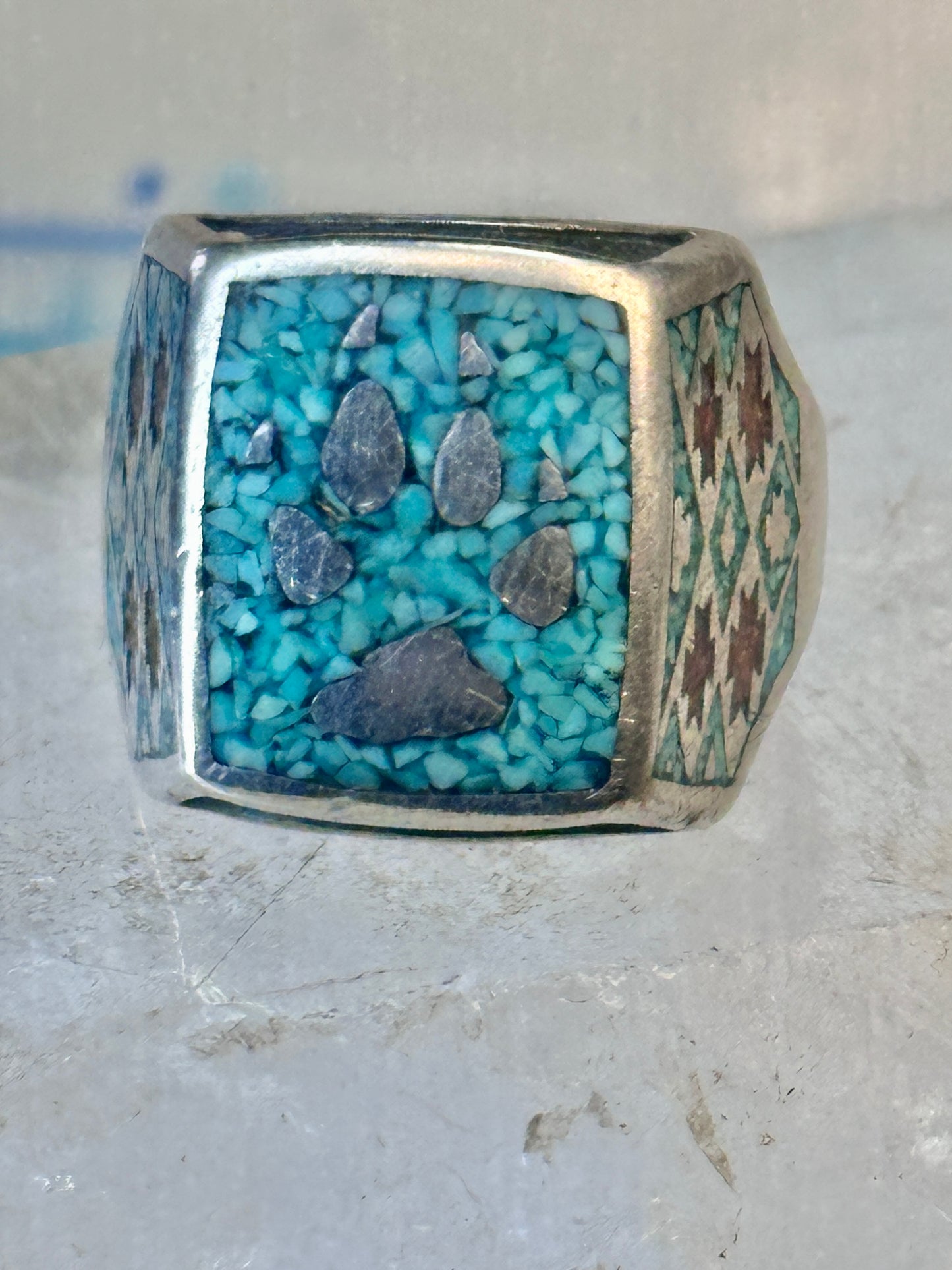 Bear Paw ring coral chips turquoise size 10.75 sterling silver women men