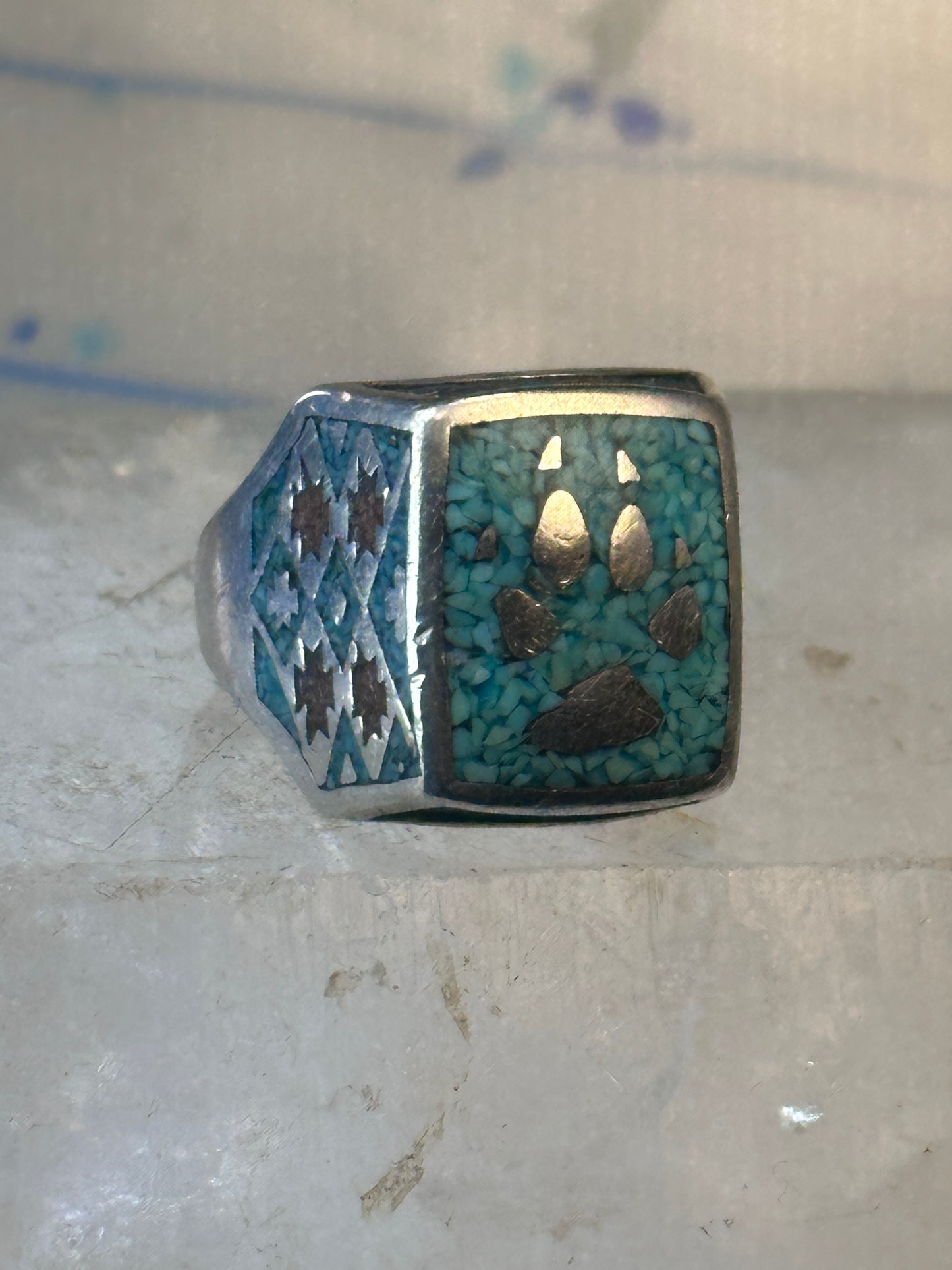 Bear Paw ring coral chips turquoise size 10.75 sterling silver women men