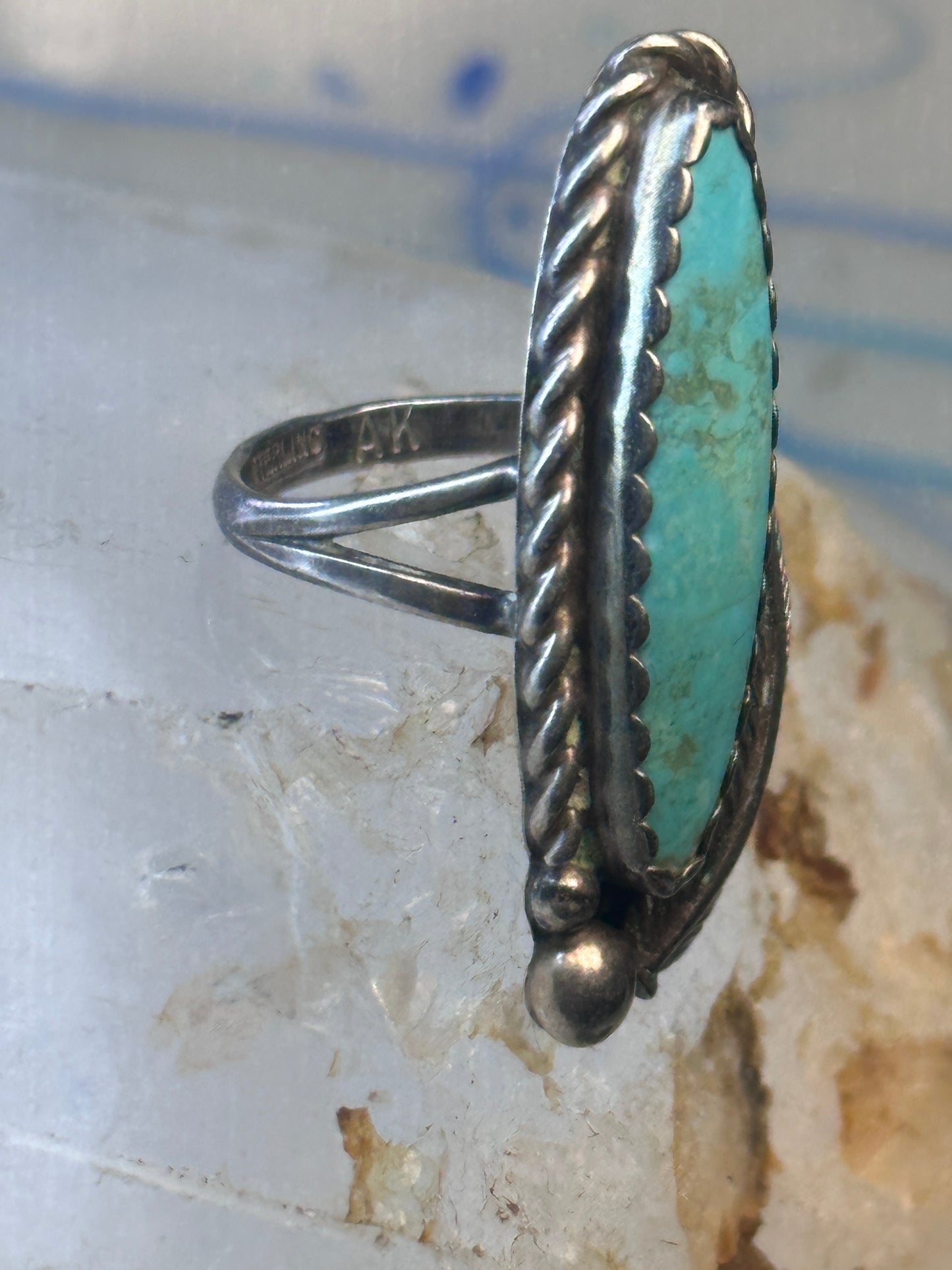 Navajo long turquoise ring feather size 5.5 sterling silver women signed AK