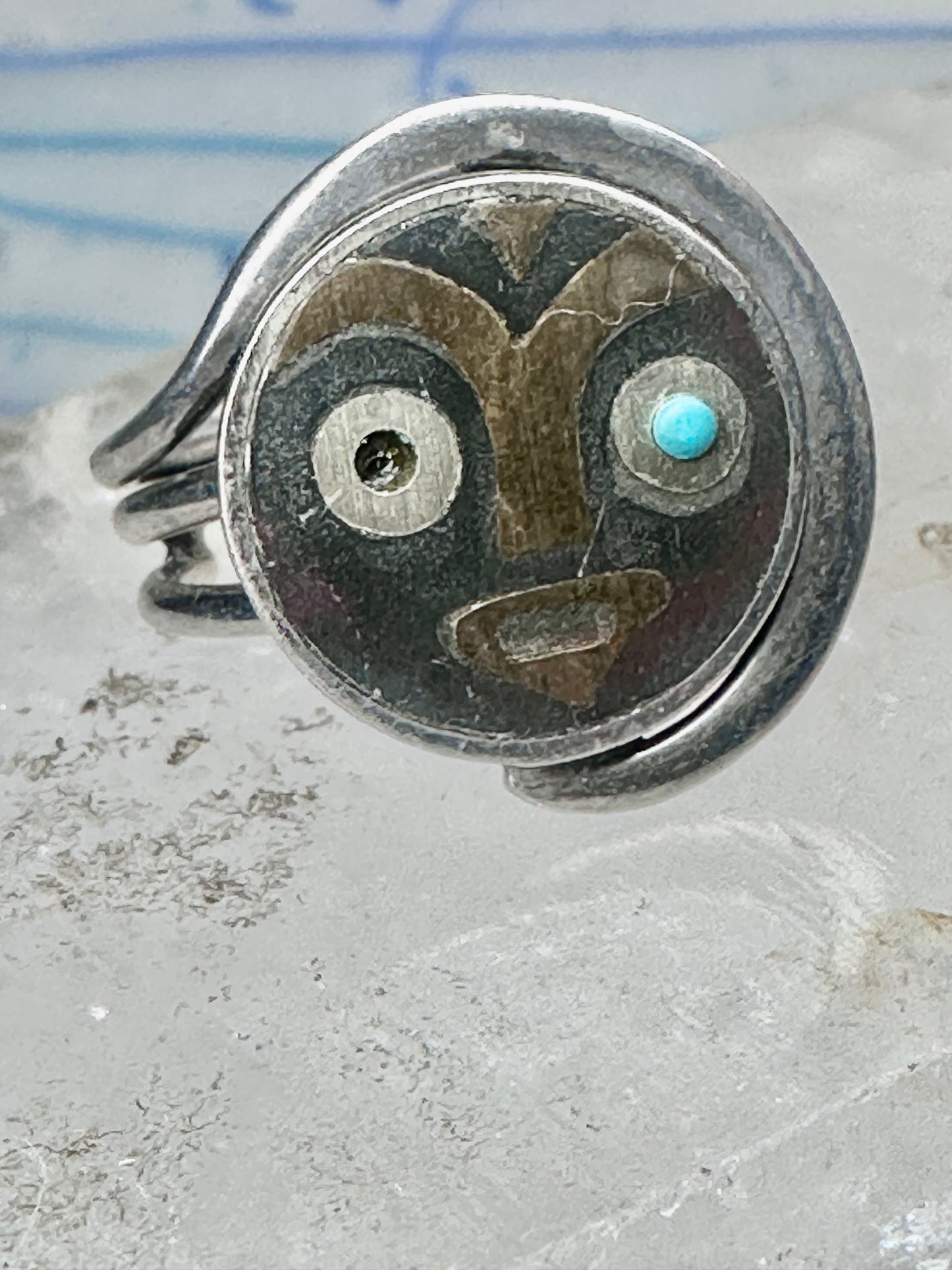 Vintage Mexican Sterling Silver Face Mask Ring Inlay Tribal Statement Band Size 8.7 AS IS
