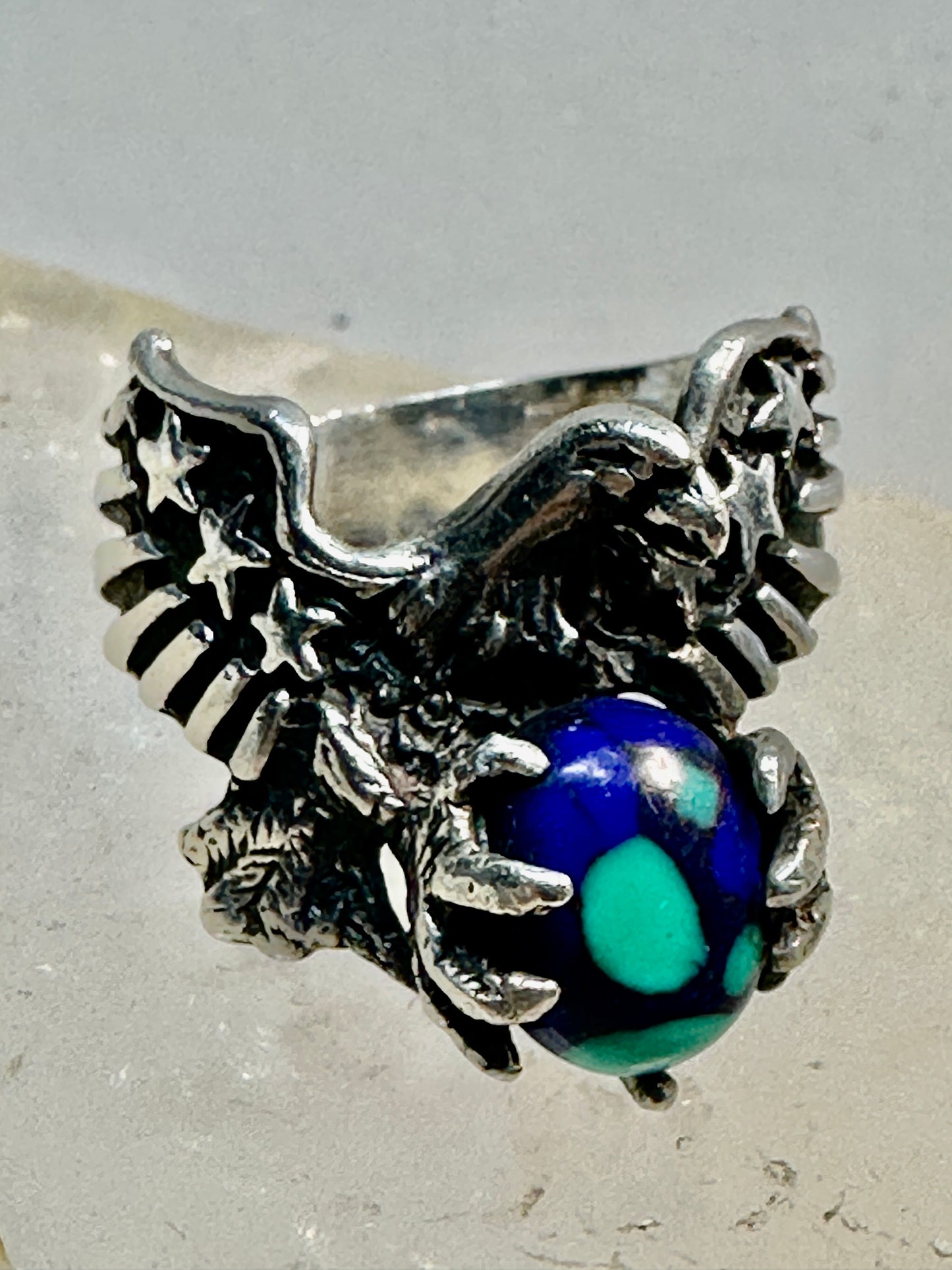 Eagle ring Azurite World band size 10 stars & stripes Patriotic southwest sterling silver women  men