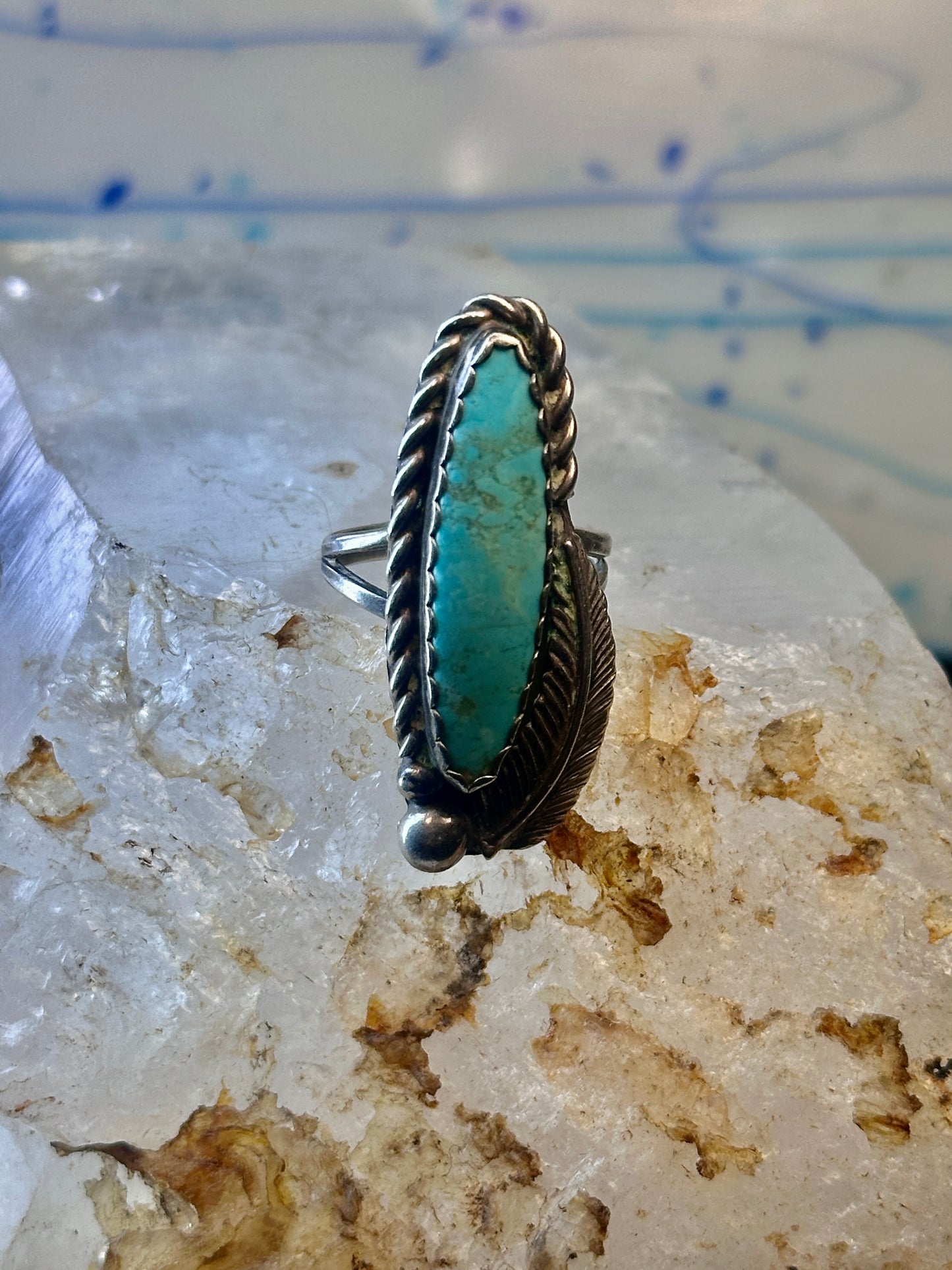 Navajo long turquoise ring feather size 5.5 sterling silver women signed AK