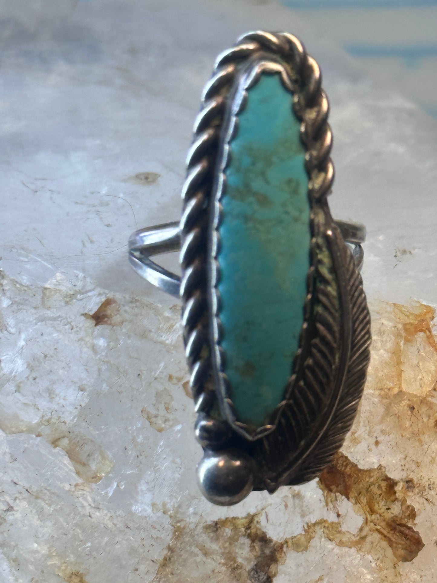 Navajo long turquoise ring feather size 5.5 sterling silver women signed AK
