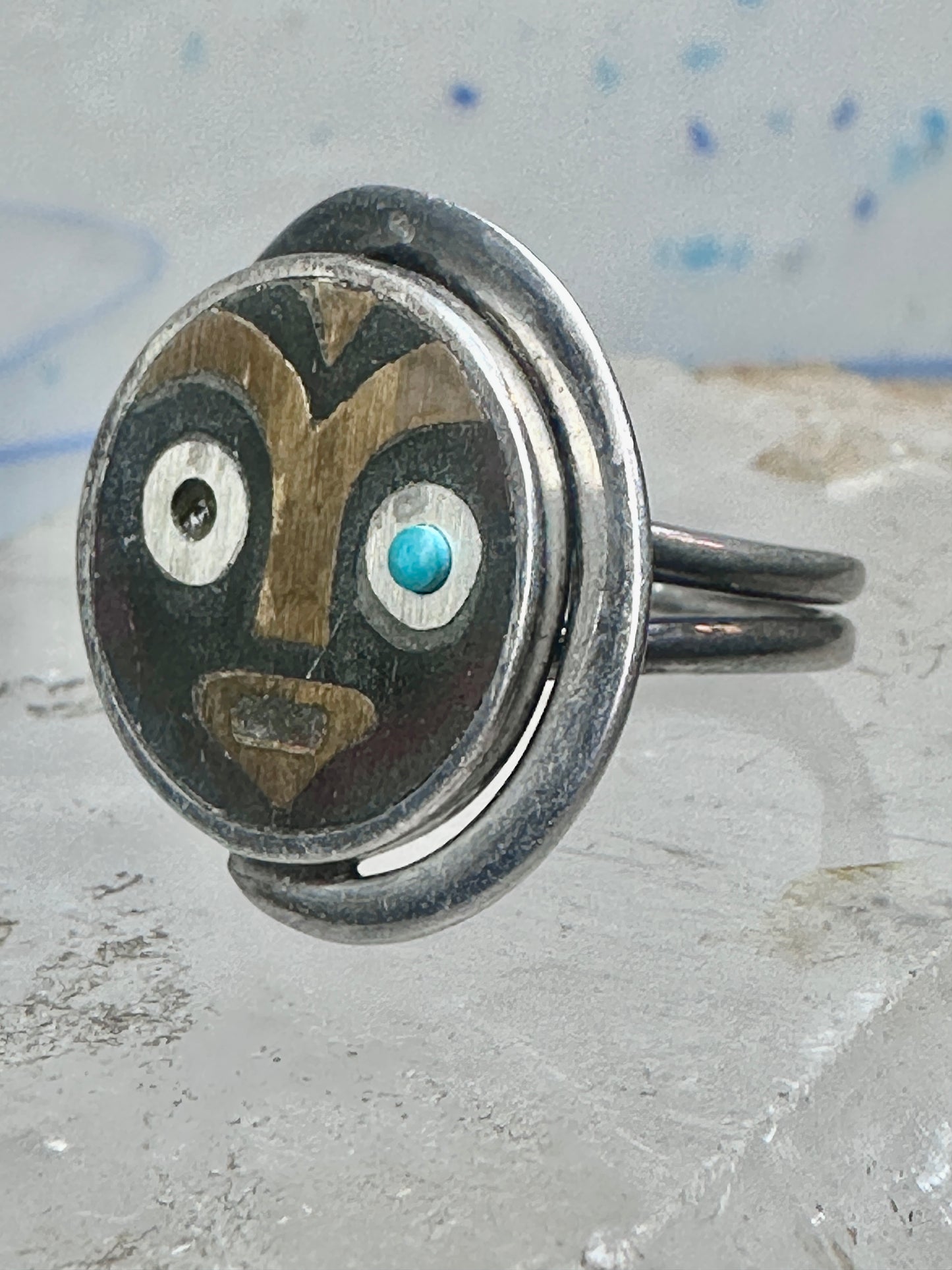 Vintage Mexican Sterling Silver Face Mask Ring Inlay Tribal Statement Band Size 8.7 AS IS