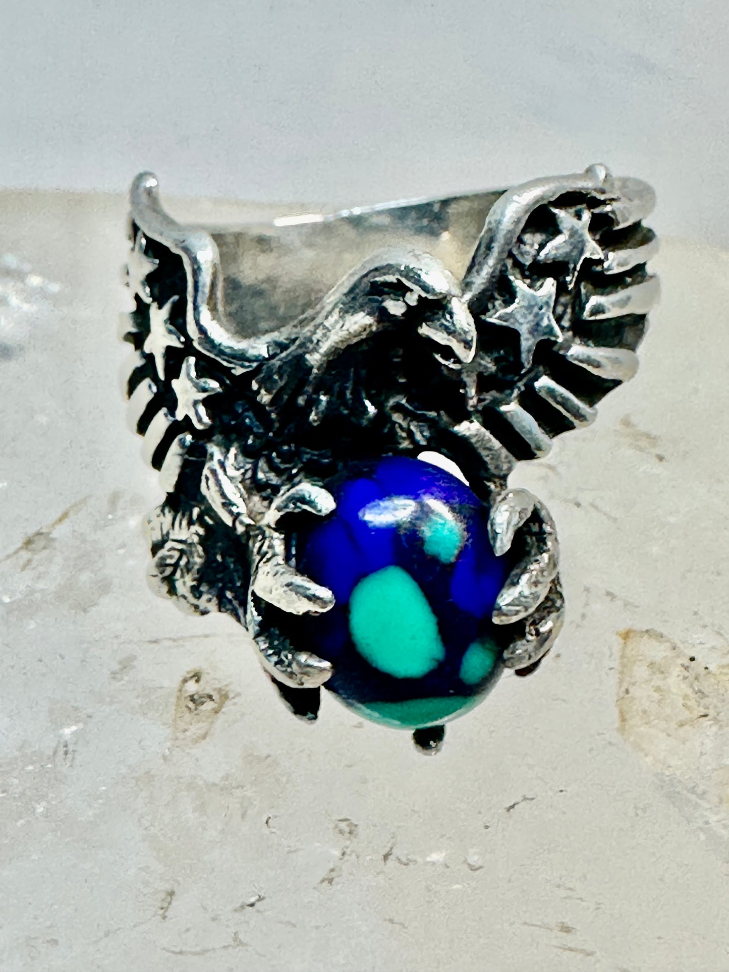 Eagle ring Azurite World band size 10 stars & stripes Patriotic southwest sterling silver women  men